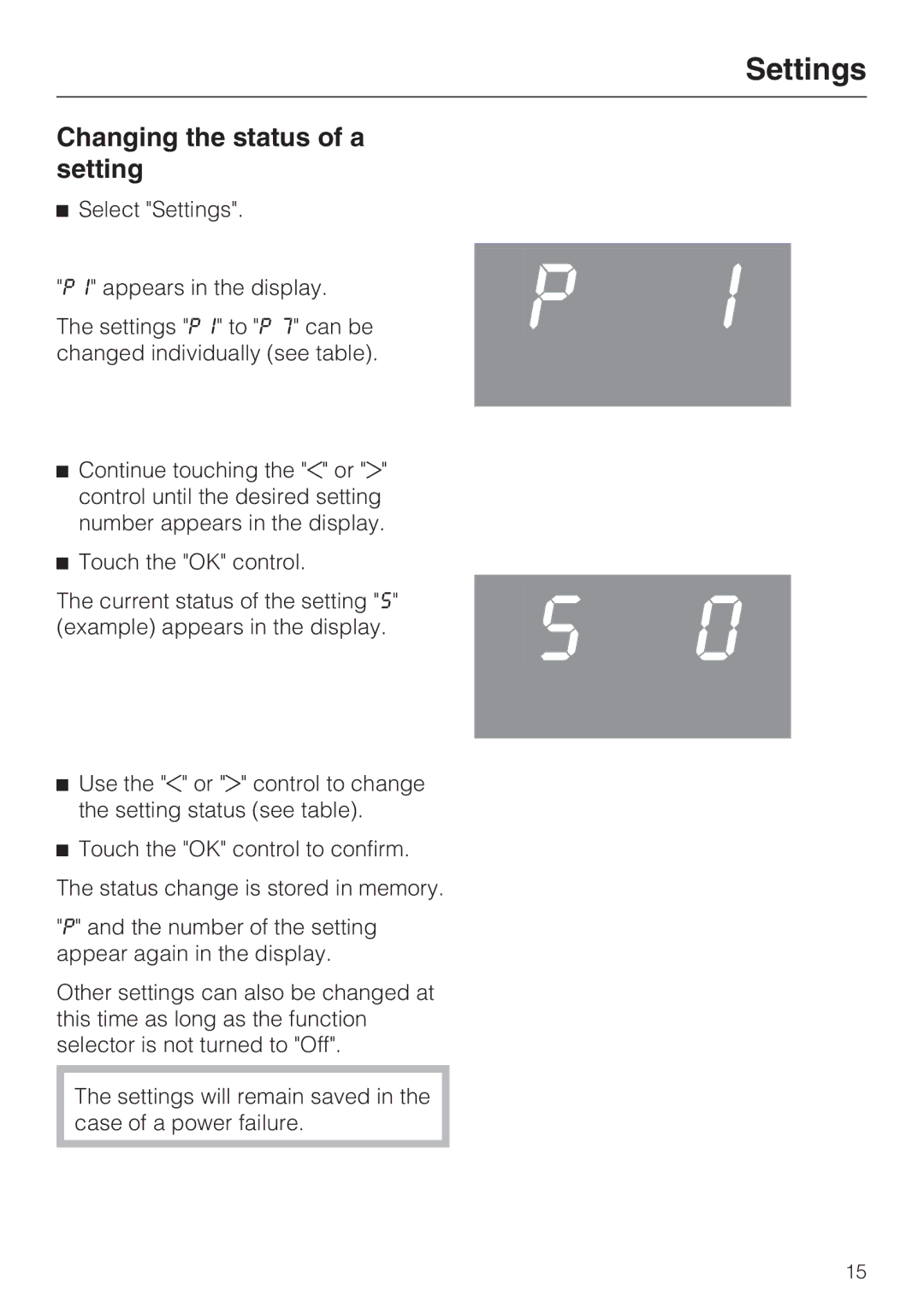 Miele H 4844 BP, H 4846 BP installation instructions Changing the status of a setting 