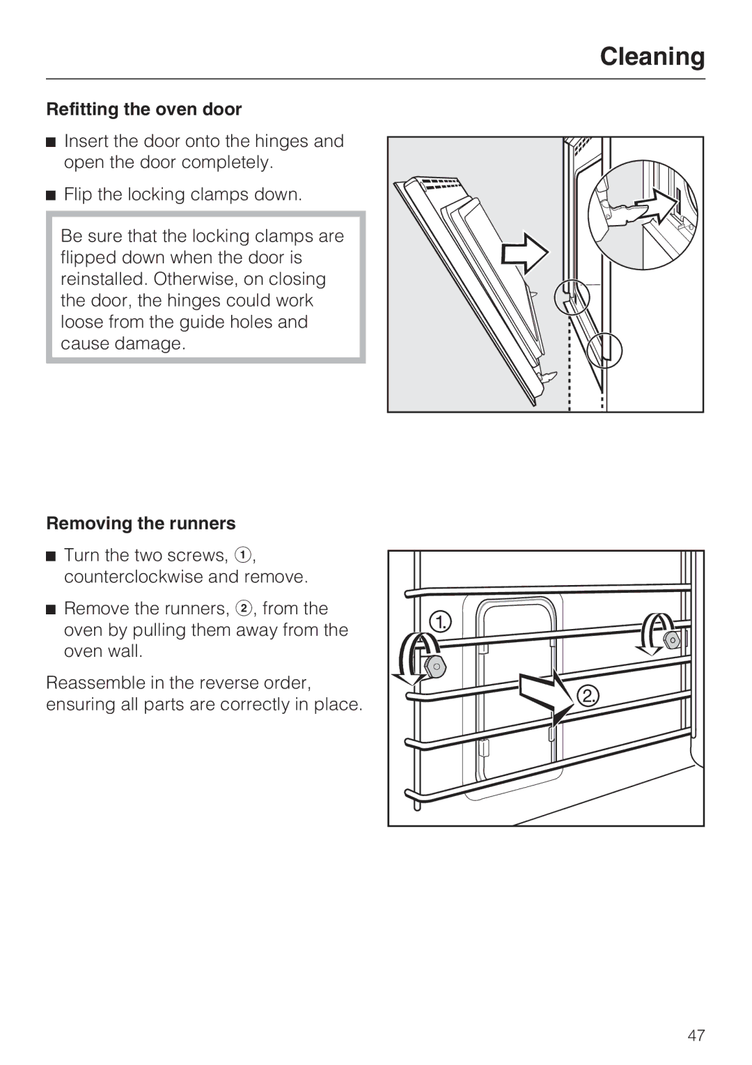 Miele H 4844 BP, H 4846 BP installation instructions Refitting the oven door, Removing the runners 