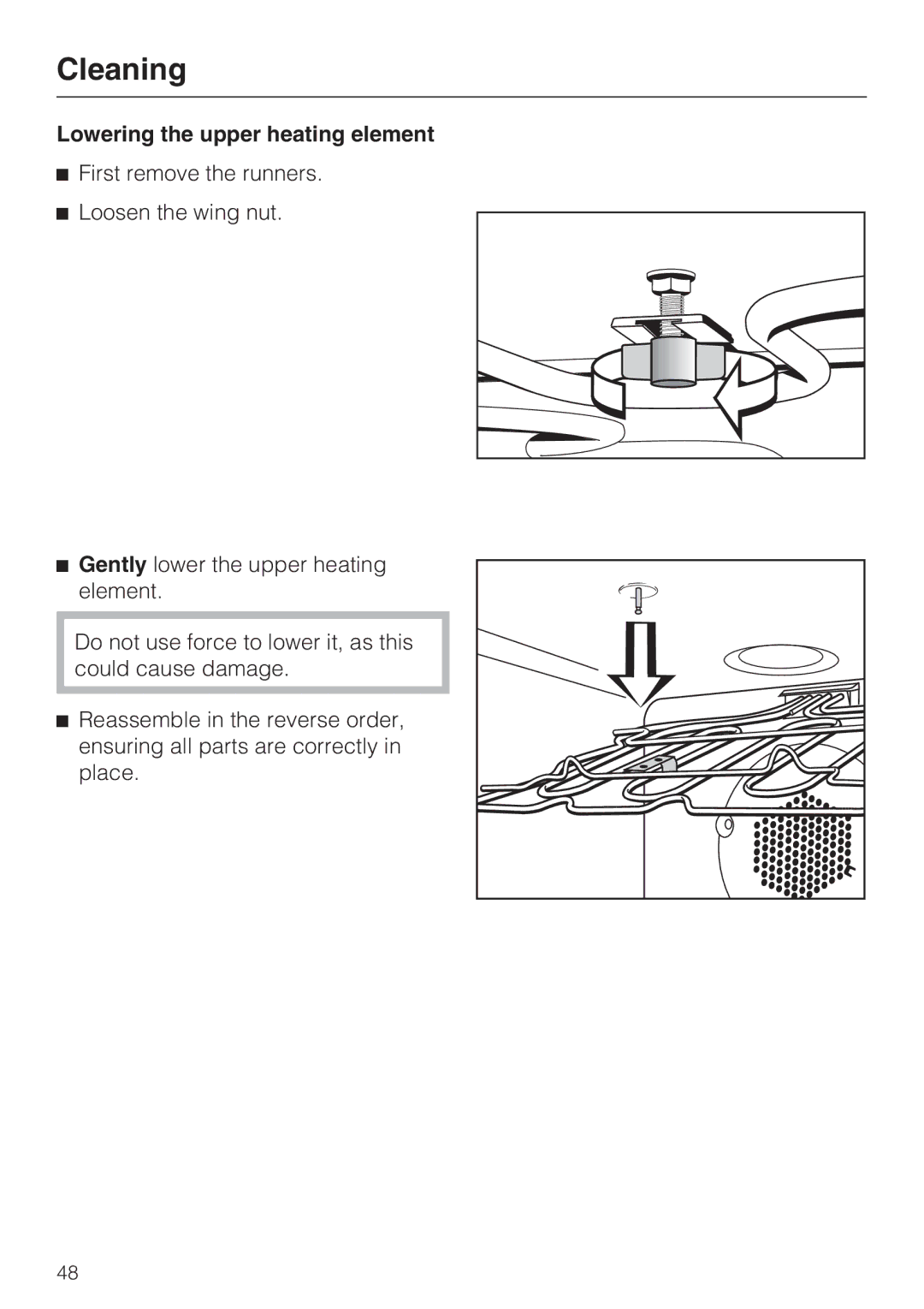 Miele H 4846 BP, H 4844 BP installation instructions Lowering the upper heating element 