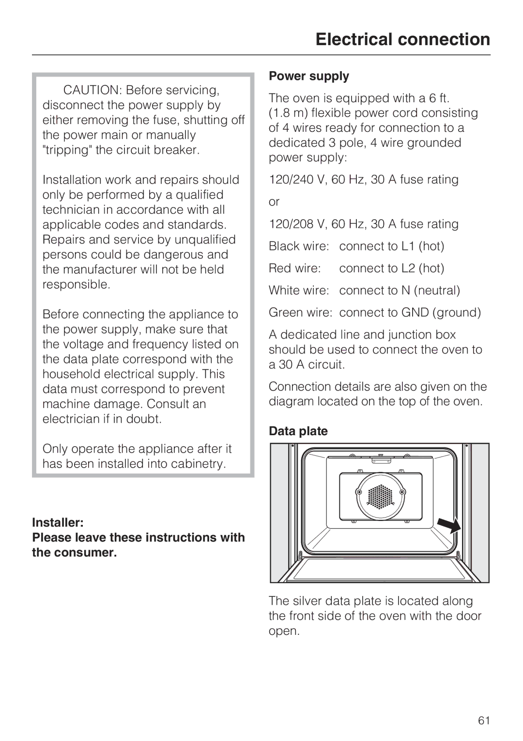 Miele H 4844 BP, H 4846 BP installation instructions Electrical connection, Data plate 