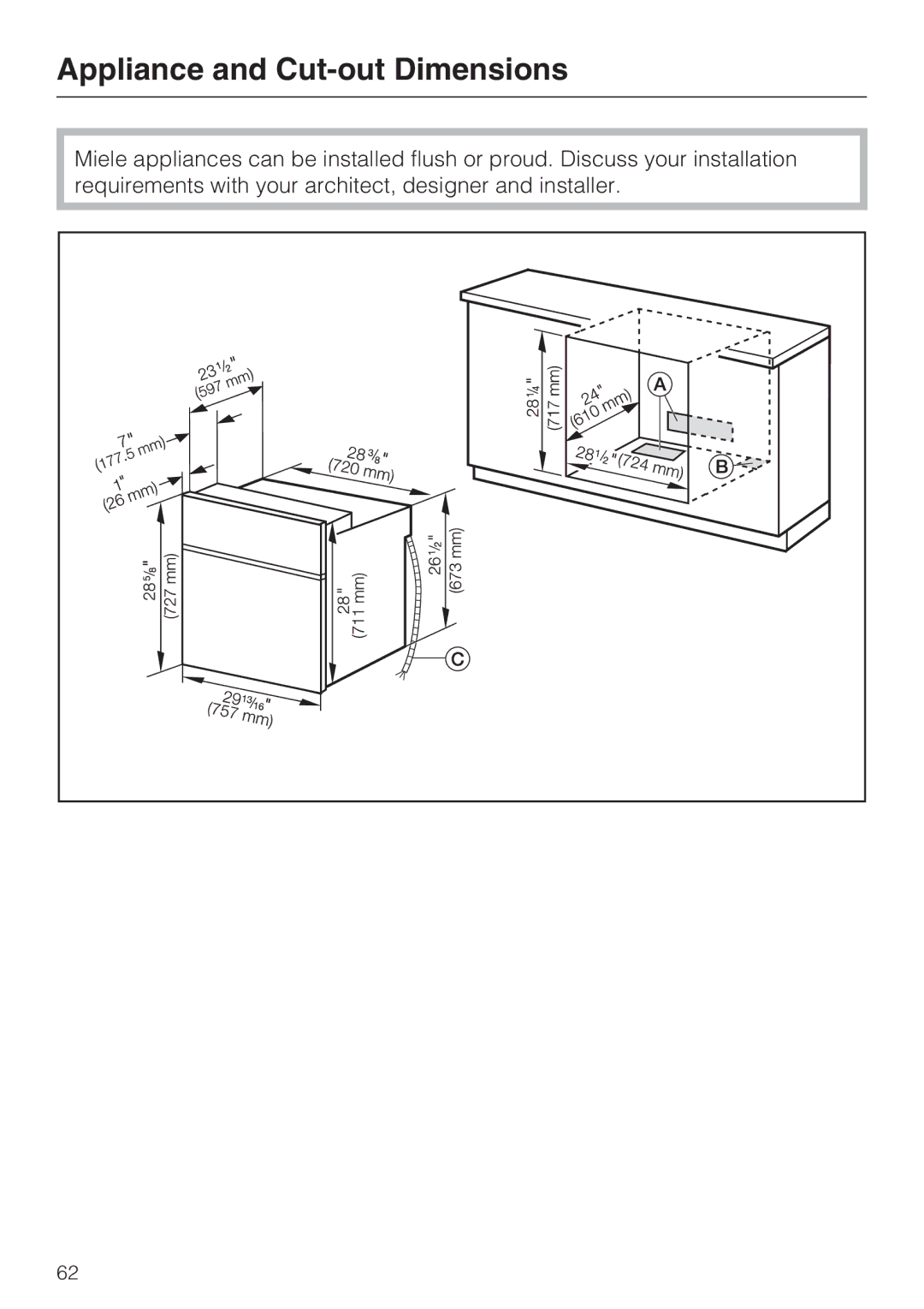 Miele H 4846 BP, H 4844 BP installation instructions Appliance and Cut-out Dimensions 