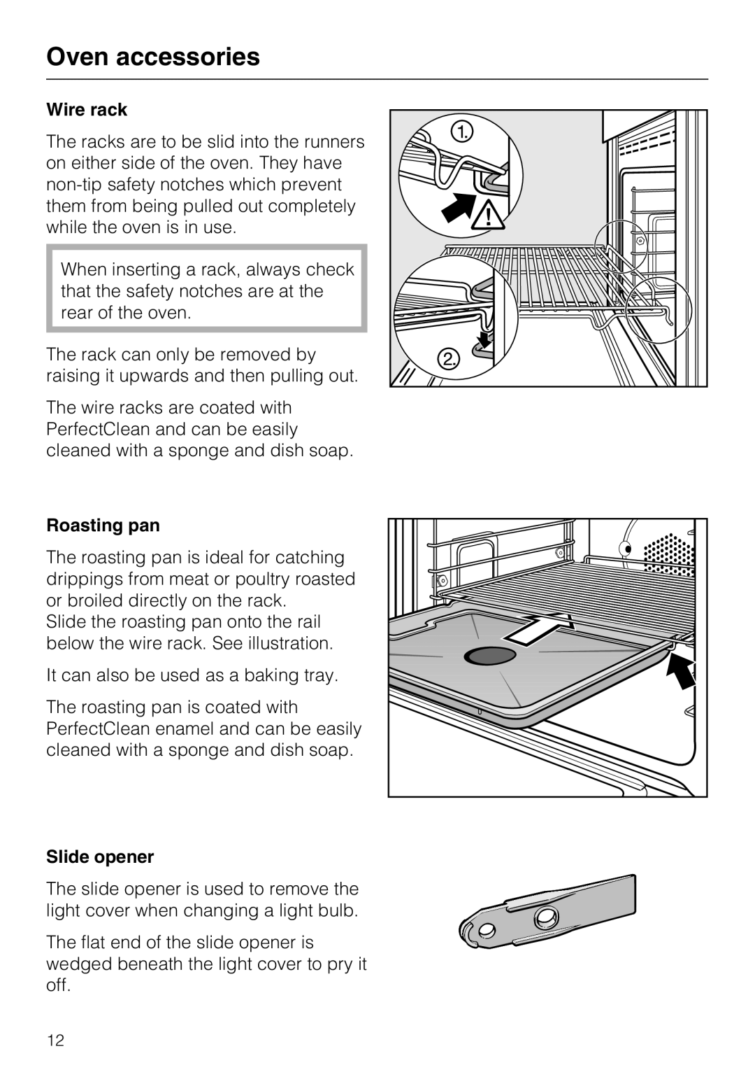 Miele H 4846 BP, H 4844 BP installation instructions Oven accessories, Wire rack, Roasting pan, Slide opener 