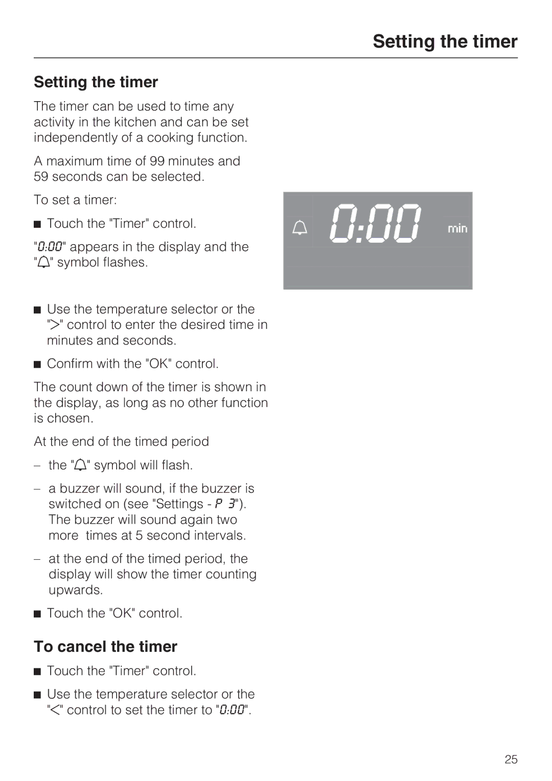 Miele H 4844 BP, H 4846 BP installation instructions Setting the timer, To cancel the timer 