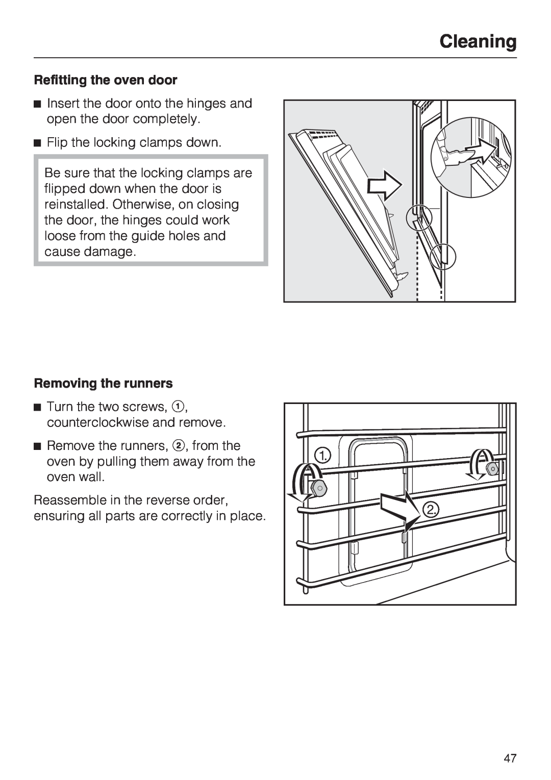 Miele H 4844 BP, H 4846 BP installation instructions Cleaning, Refitting the oven door, Removing the runners 