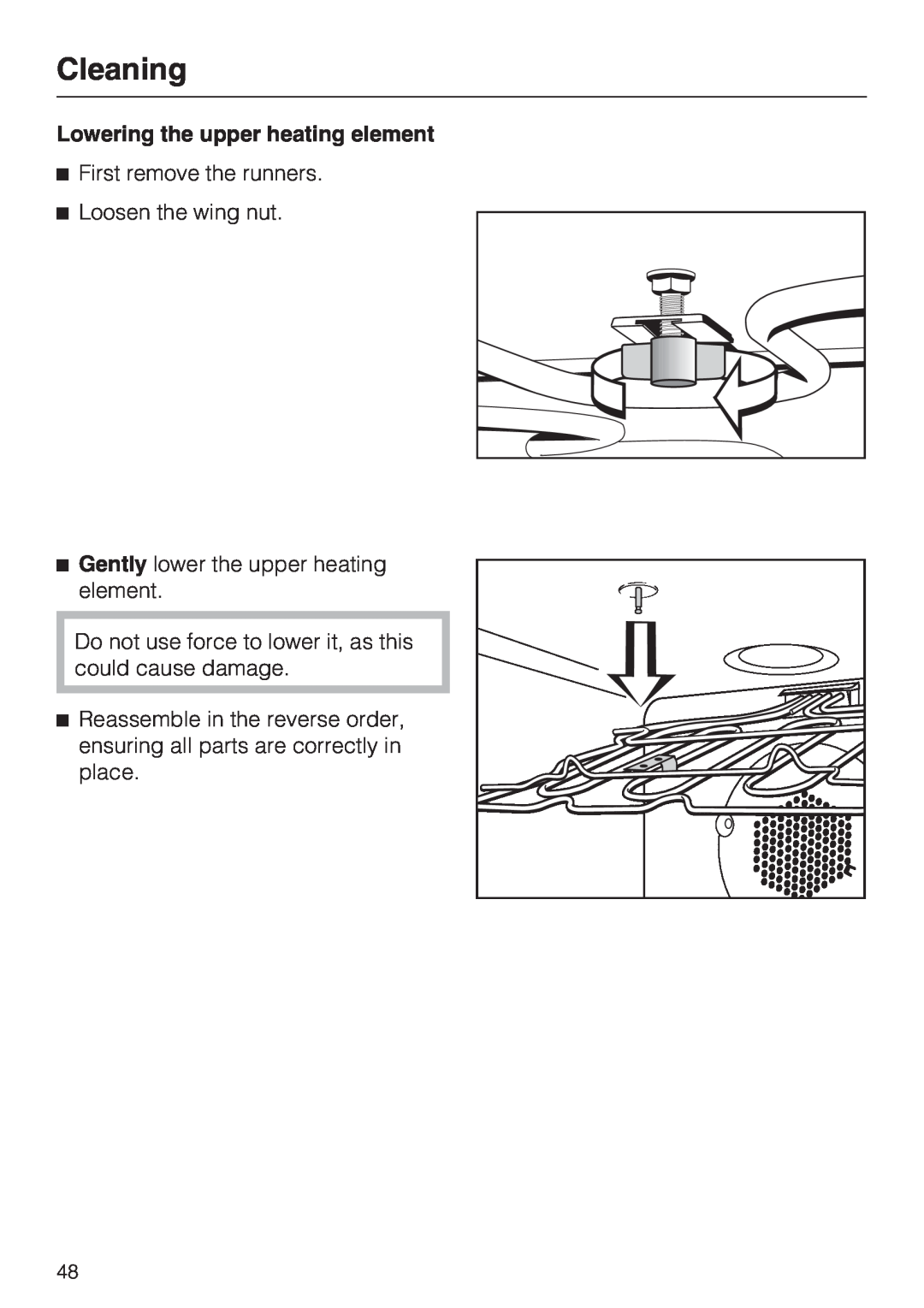 Miele H 4846 BP, H 4844 BP installation instructions Cleaning, Lowering the upper heating element 