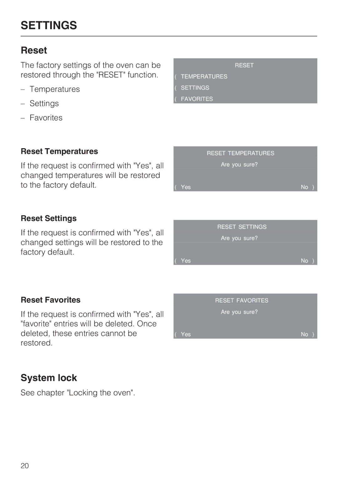 Miele H 4882 BP installation instructions Reset Temperatures, Reset Settings, Reset Favorites 