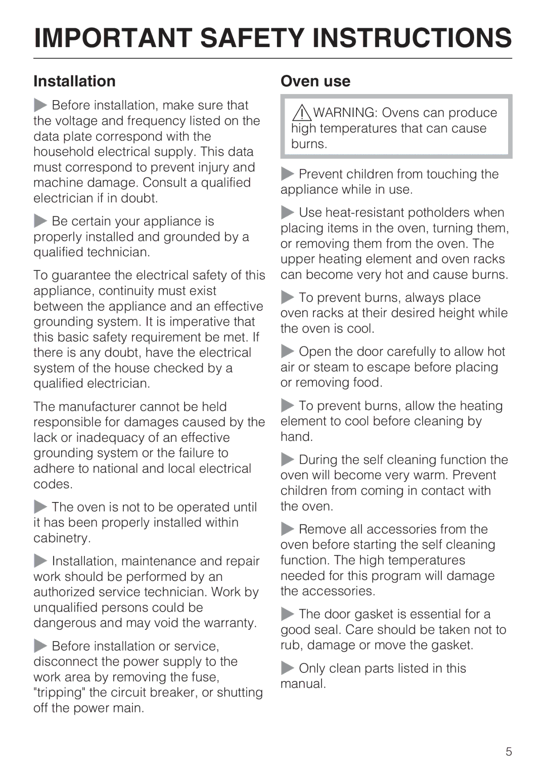 Miele H 4882 BP installation instructions Installation, Oven use 