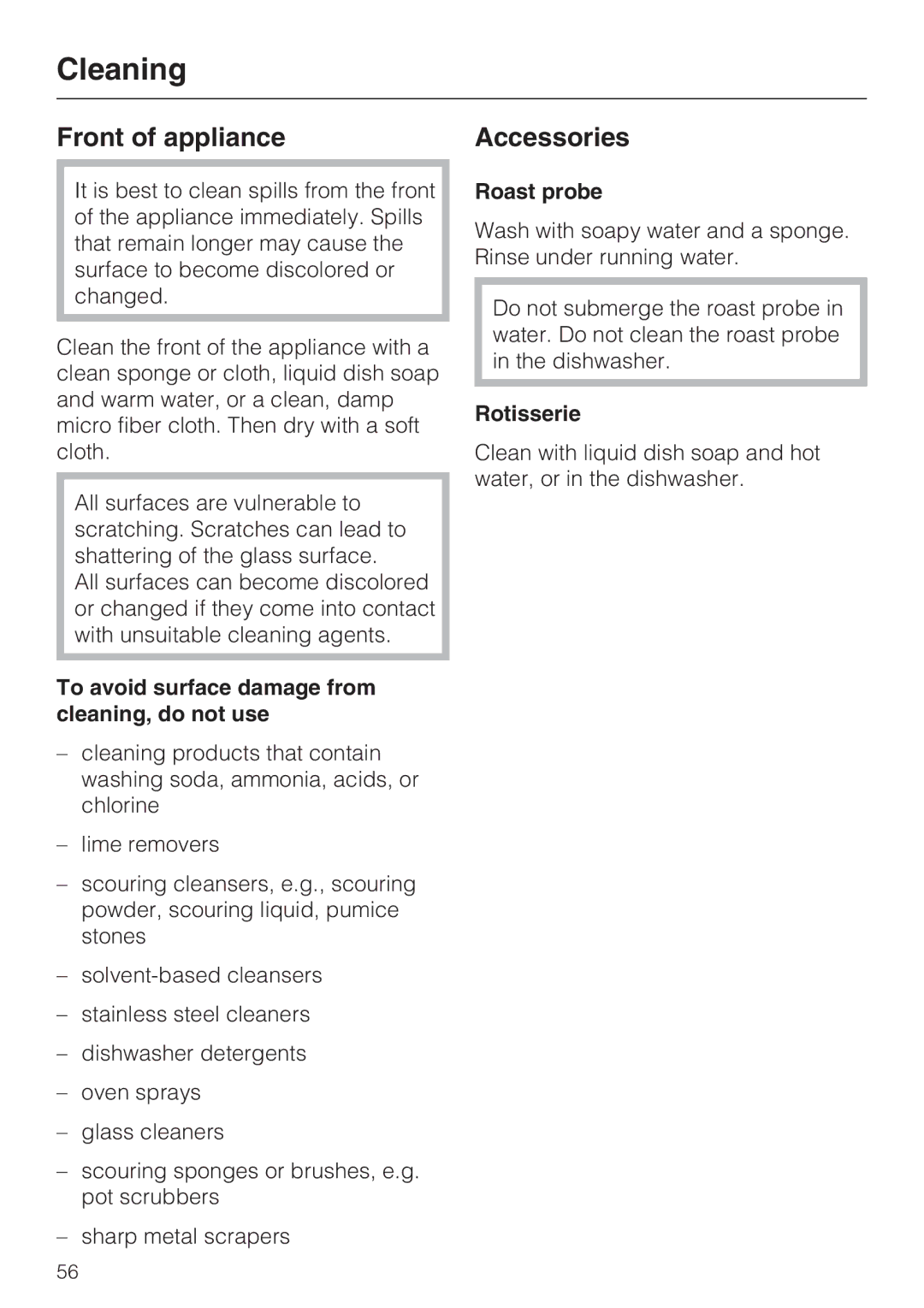 Miele H 4882 BP Cleaning, Front of appliance Accessories, To avoid surface damage from cleaning, do not use 