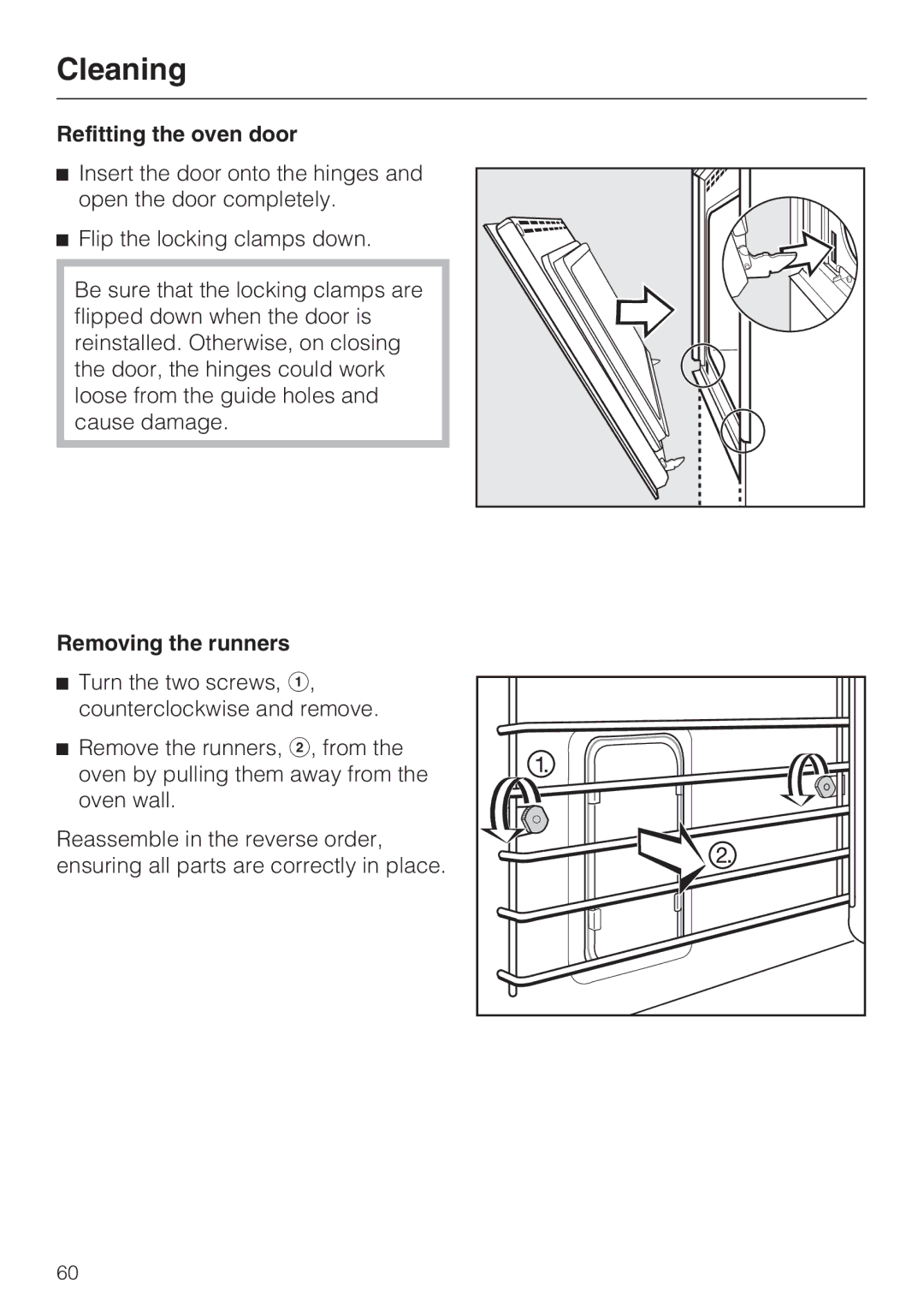 Miele H 4882 BP installation instructions Refitting the oven door, Removing the runners 