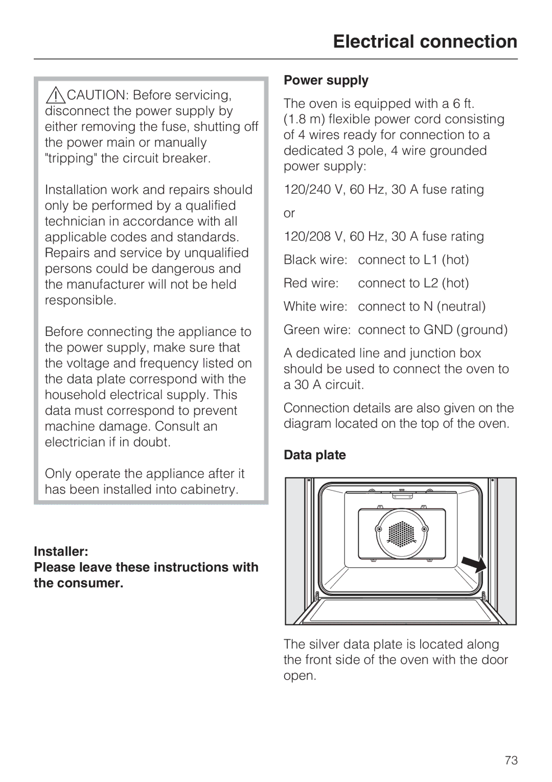 Miele H 4882 BP installation instructions Electrical connection, Data plate 