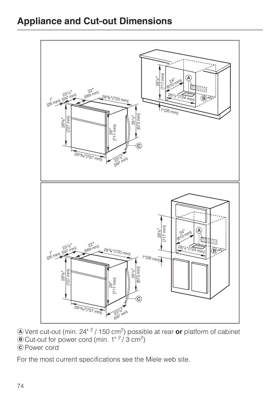 Miele H 4882 BP installation instructions Appliance and Cut-out Dimensions 