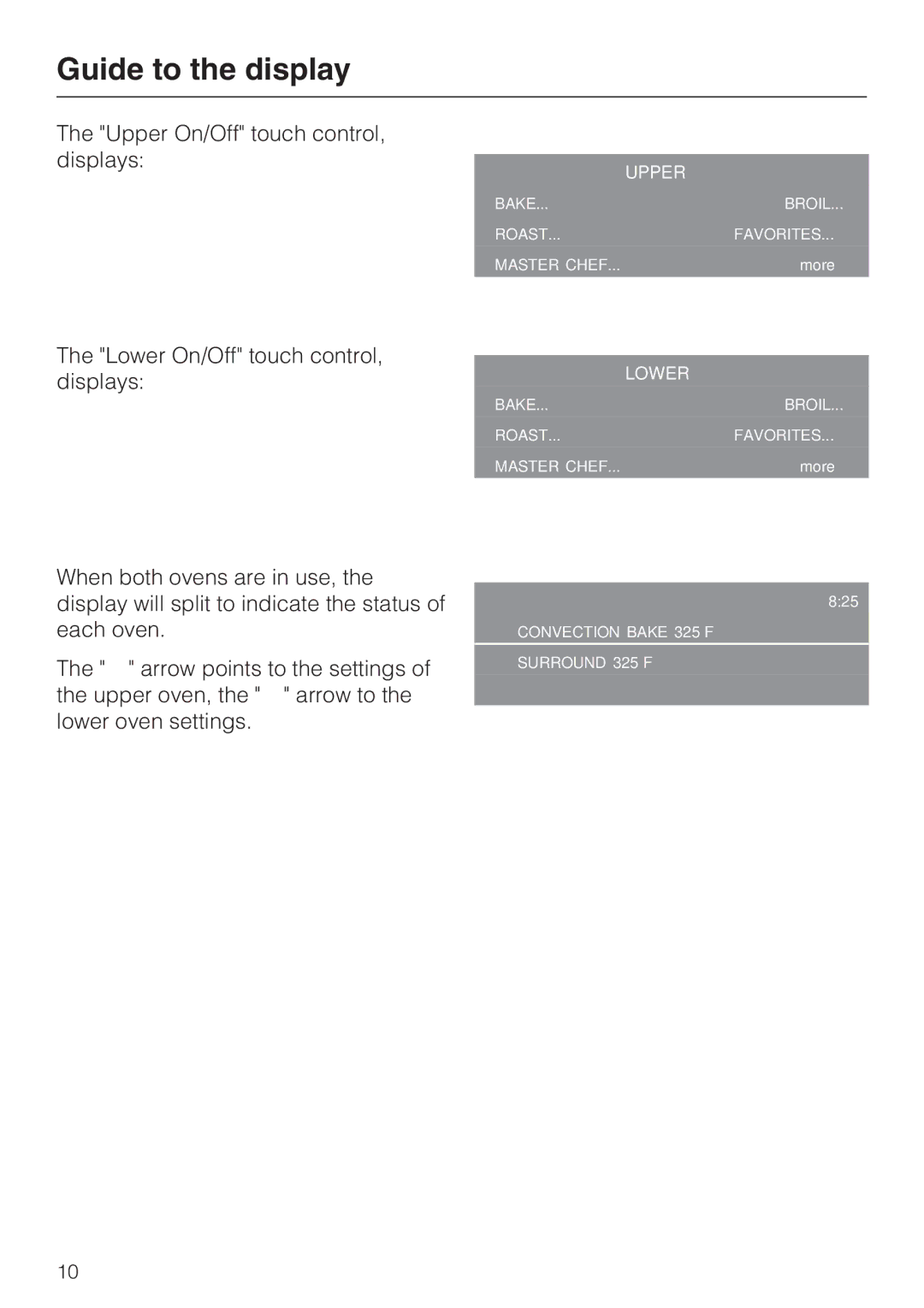 Miele H 4894 BP2 installation instructions Upper On/Off touch control, displays 