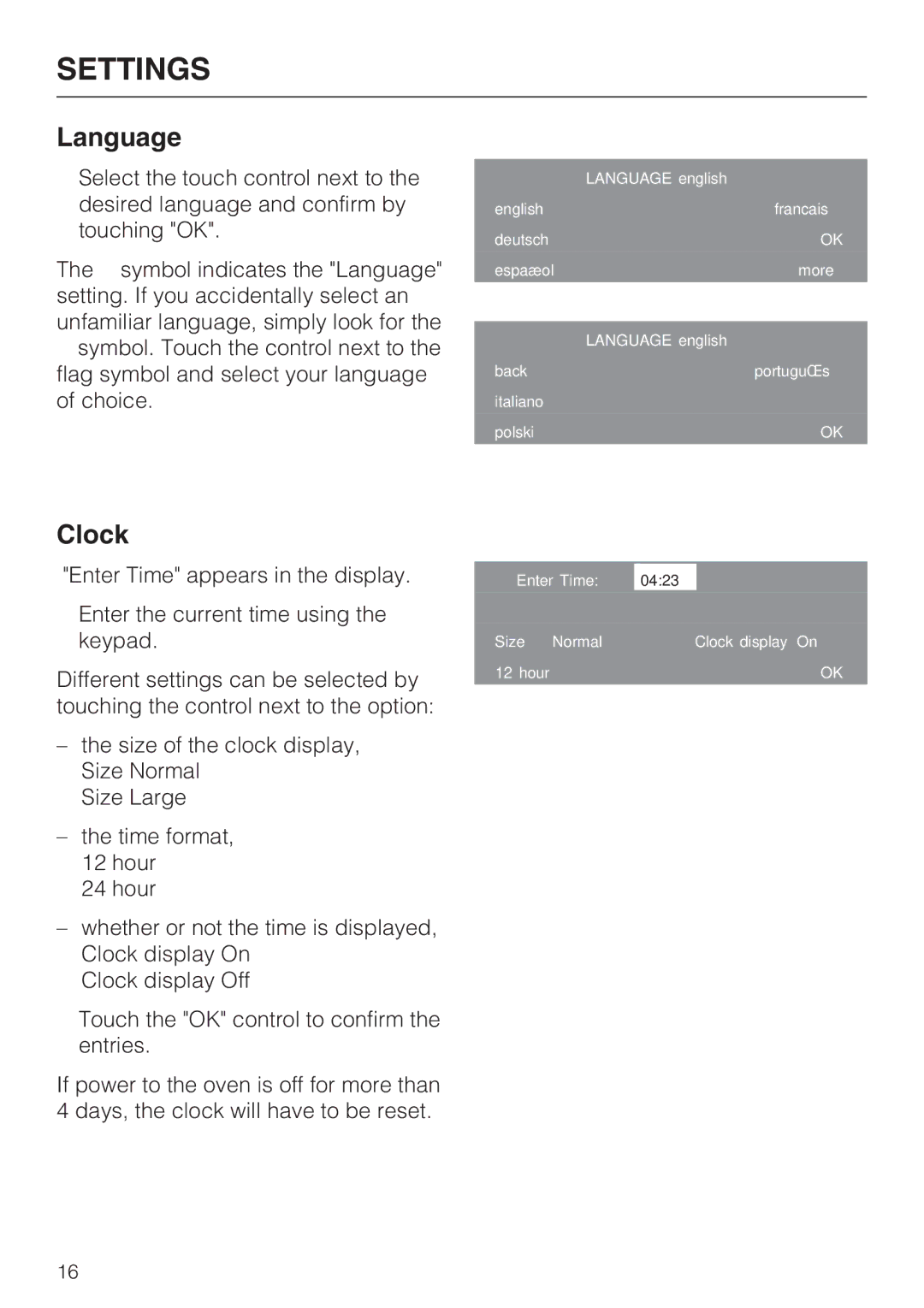 Miele H 4894 BP2 installation instructions Language, Clock 