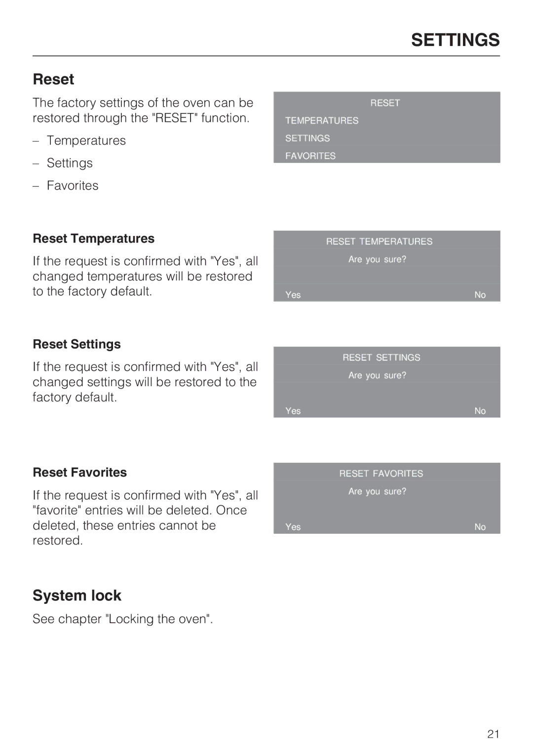 Miele H 4894 BP2 installation instructions Reset Temperatures, Reset Settings, Reset Favorites 