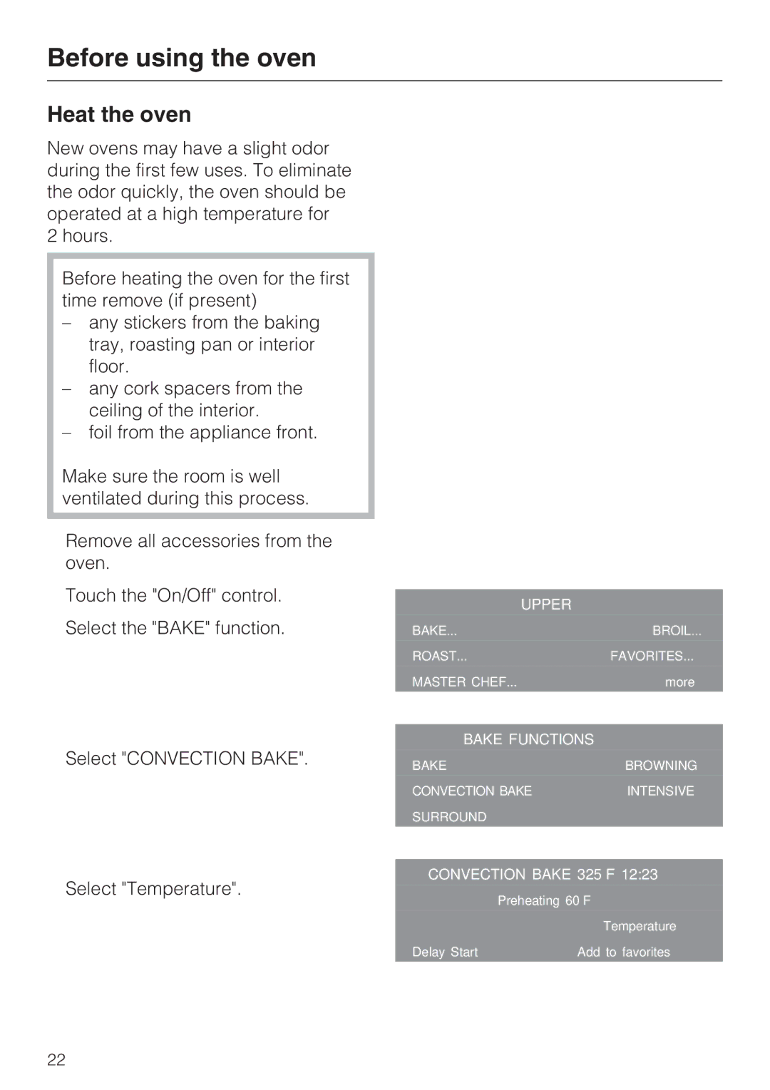 Miele H 4894 BP2 installation instructions Before using the oven, Heat the oven 