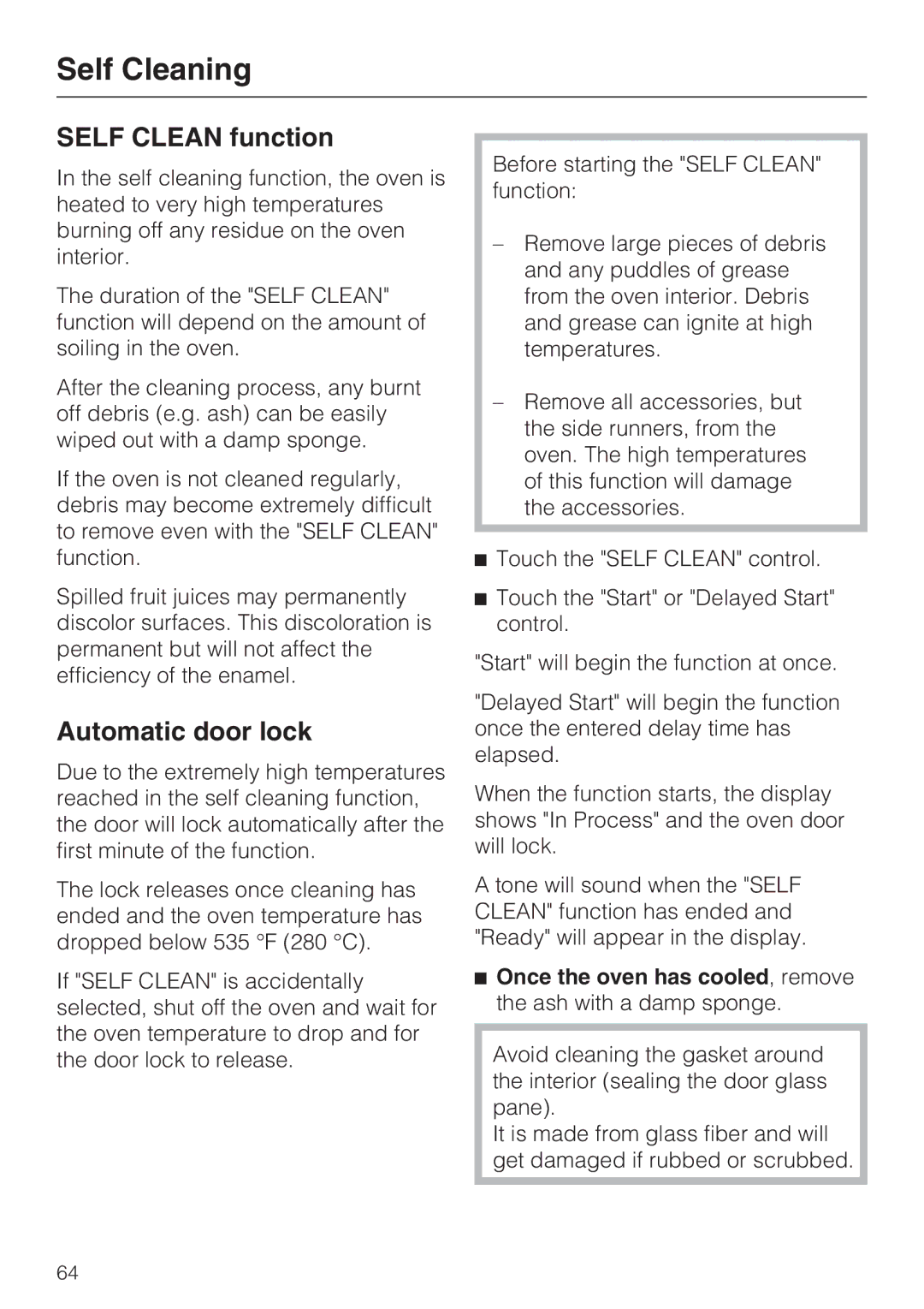 Miele H 4894 BP2 installation instructions Self Cleaning, Self Clean function, Automatic door lock 