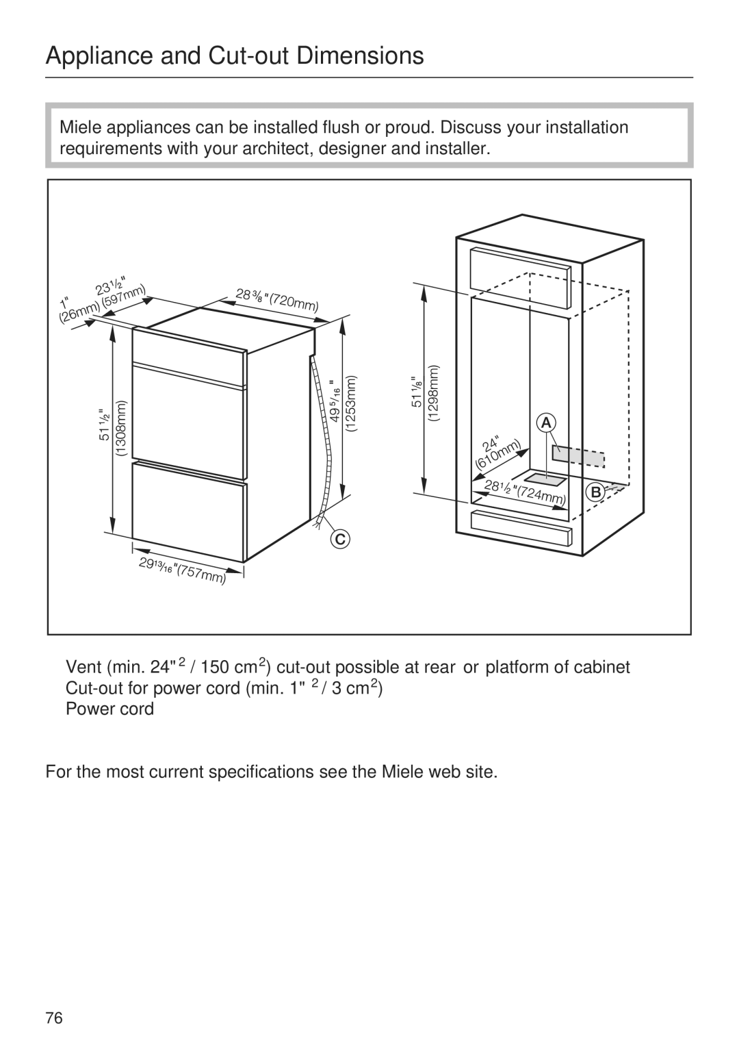 Miele H 4894 BP2 installation instructions Appliance and Cut-out Dimensions 