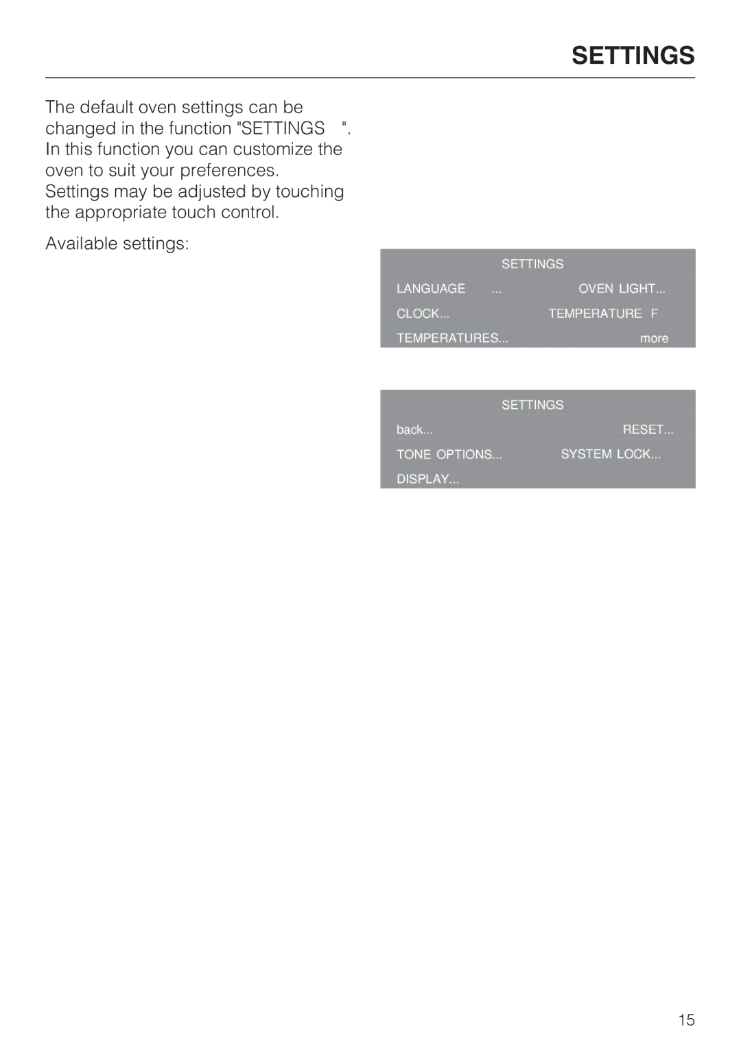 Miele H 4894 BP2 installation instructions Settings 