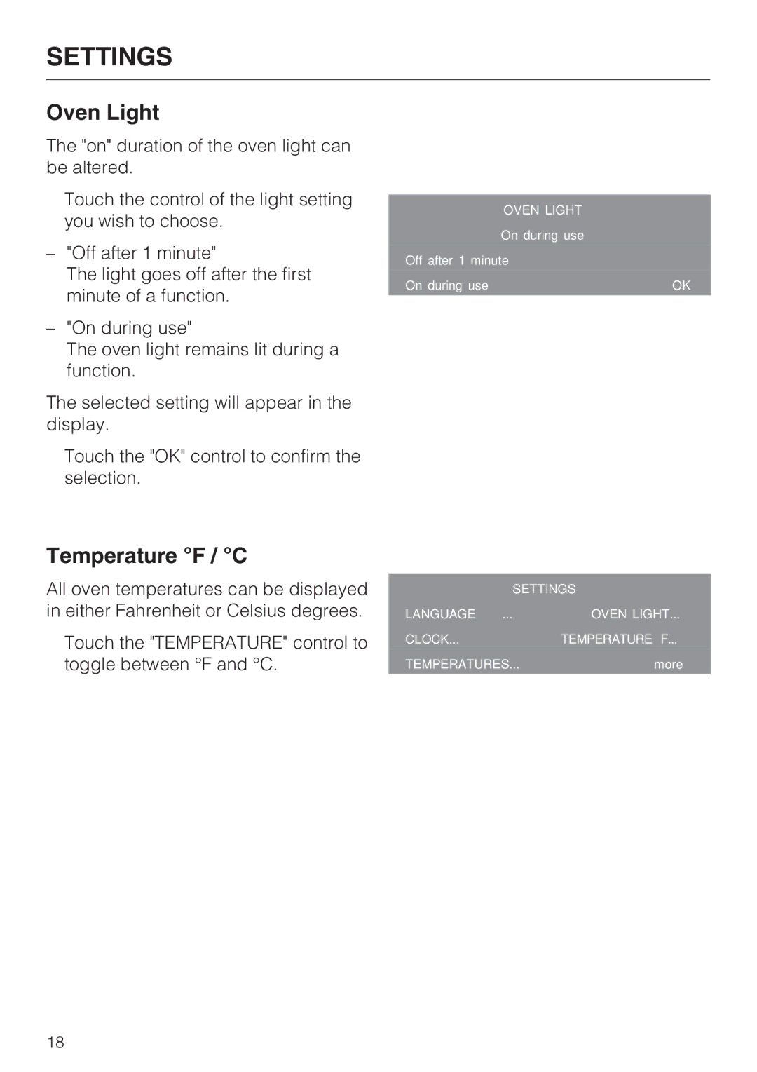 Miele H 4894 BP2 installation instructions Oven Light, Temperature F / C 