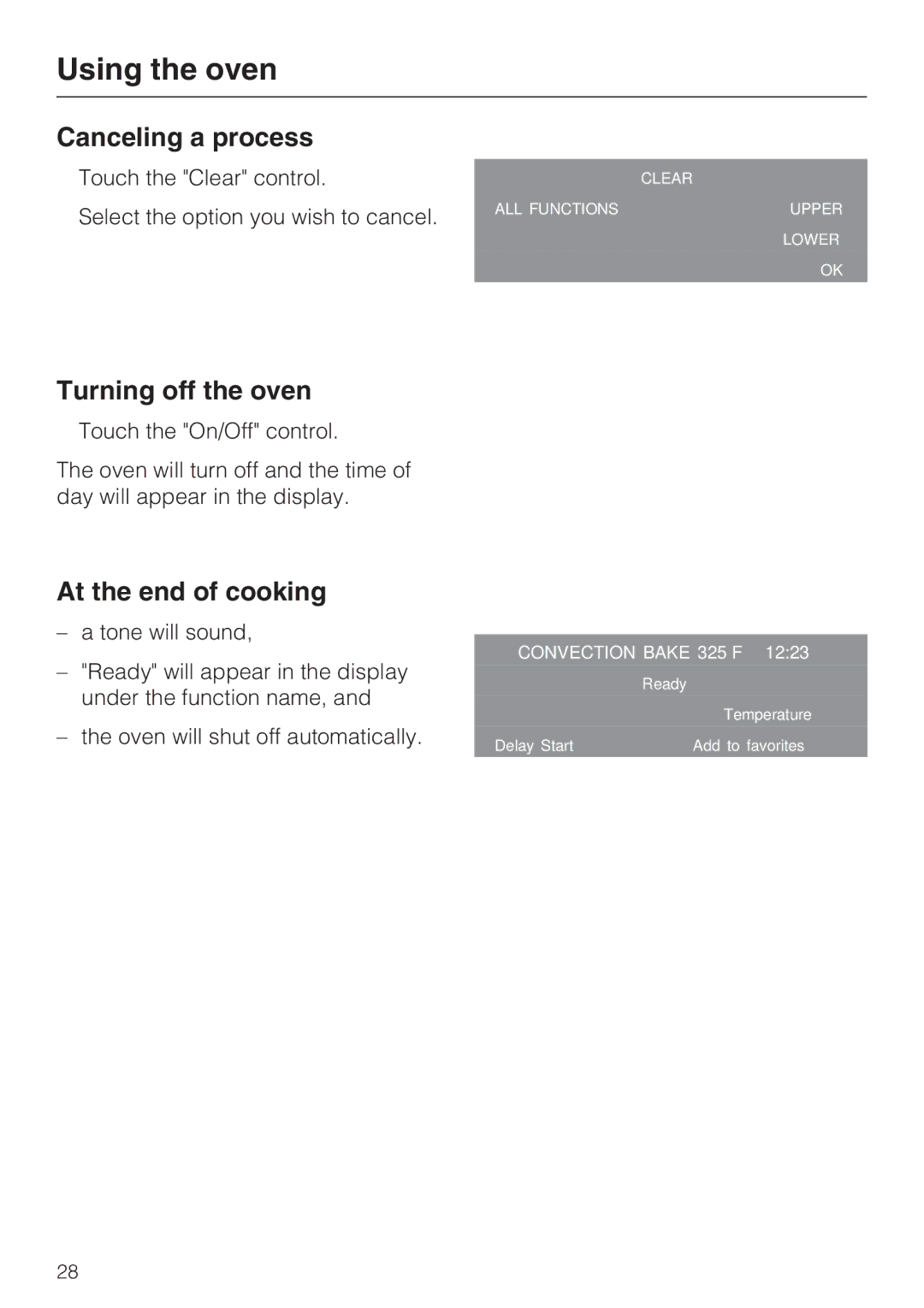 Miele H 4894 BP2 installation instructions Canceling a process, Turning off the oven, At the end of cooking 