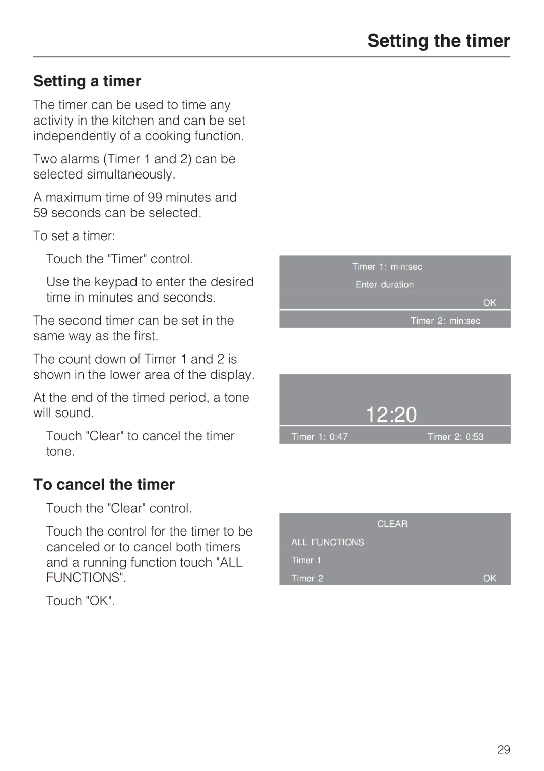 Miele H 4894 BP2 installation instructions Setting the timer, Setting a timer, To cancel the timer 