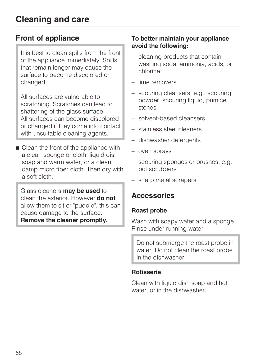 Miele H 4894 BP2 installation instructions Cleaning and care, Front of appliance, Accessories 