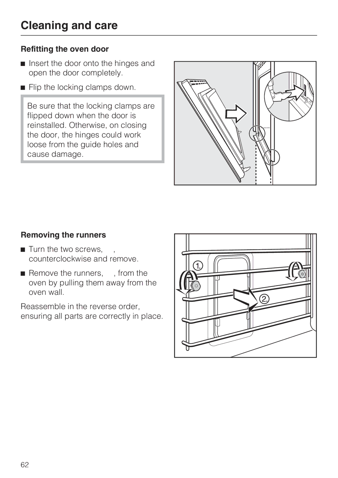 Miele H 4894 BP2 installation instructions Refitting the oven door, Removing the runners 