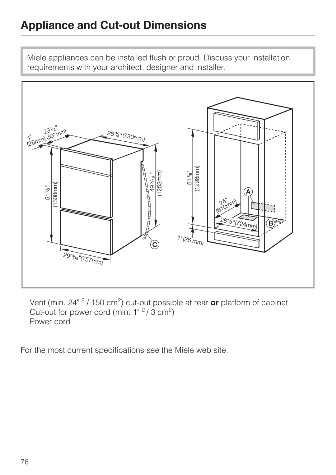 Miele H 4894 BP2 installation instructions Appliance and Cut-out Dimensions 
