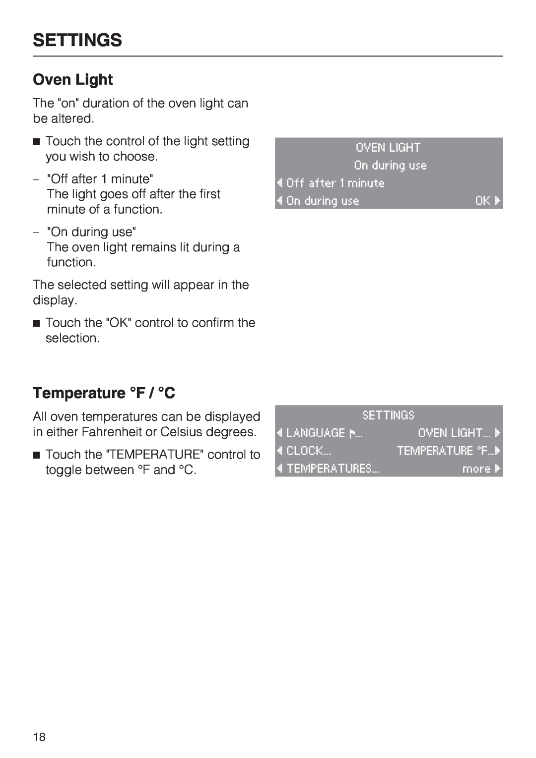 Miele H 4894 BP2 installation instructions Oven Light, Temperature F / C, Settings 