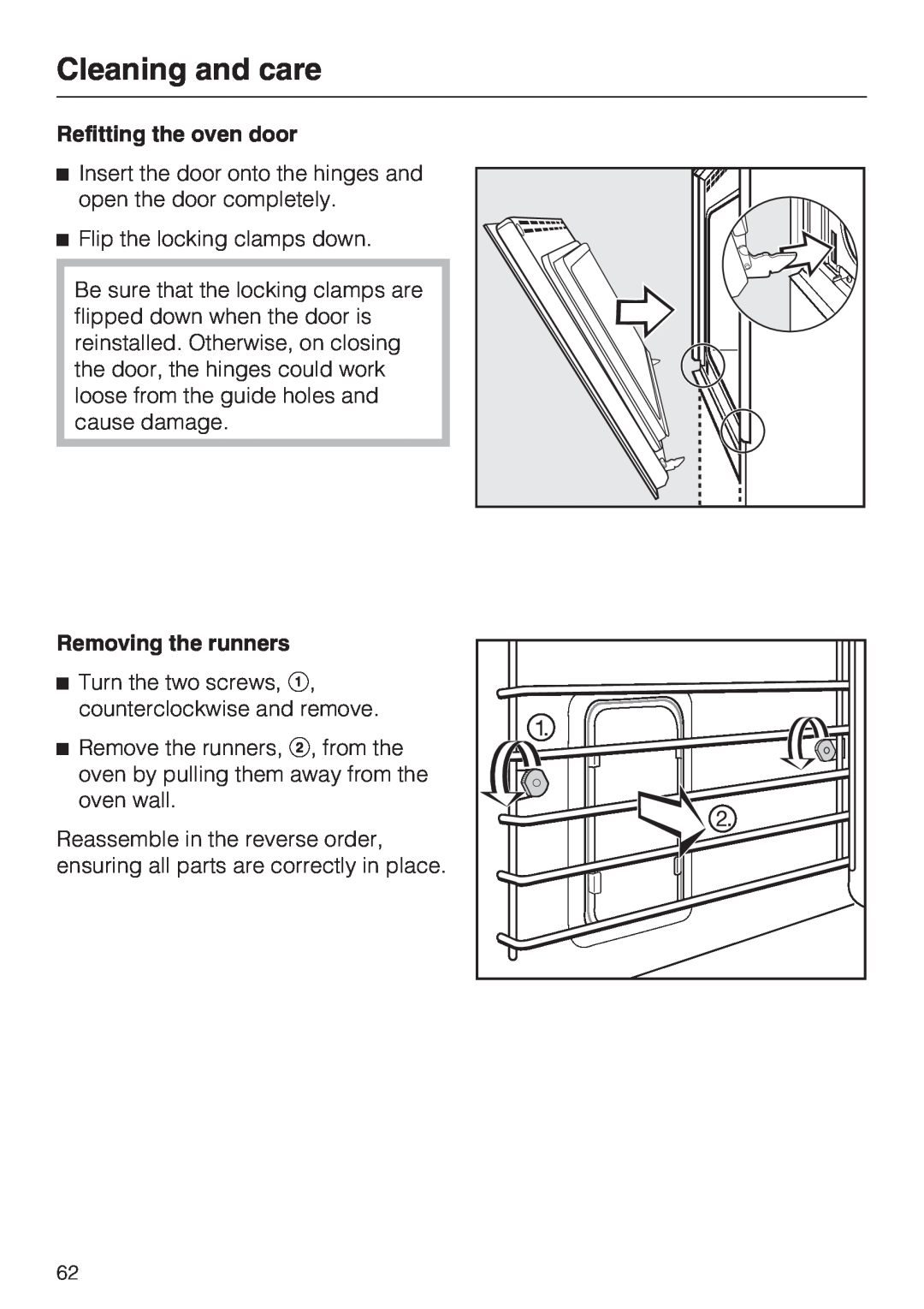 Miele H 4894 BP2 installation instructions Cleaning and care, Refitting the oven door, Removing the runners 