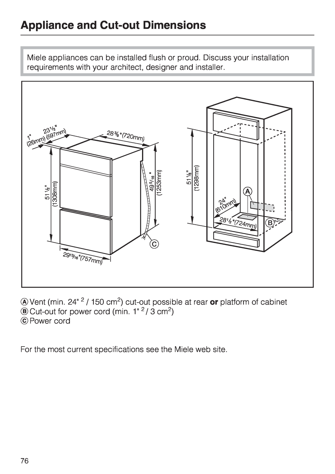 Miele H 4894 BP2 installation instructions Appliance and Cut-outDimensions 