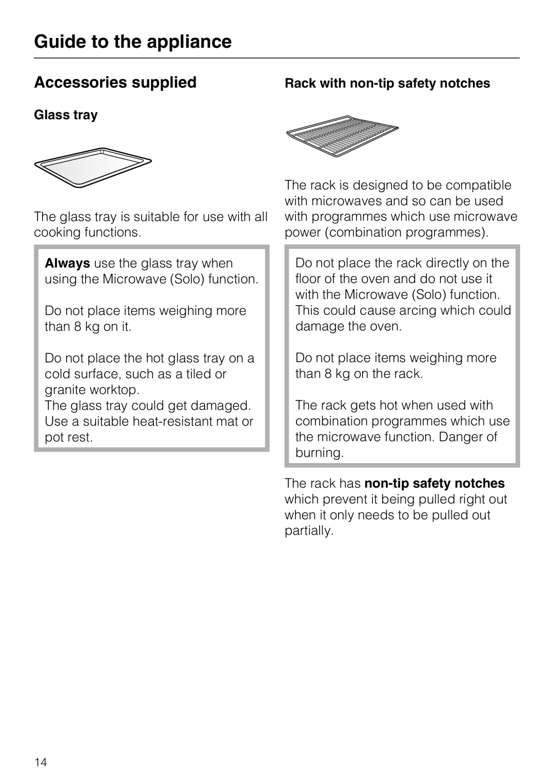 Miele H 5040 BM, H 5030 BM installation instructions Accessories supplied, Rack with non-tip safety notches, Glass tray 