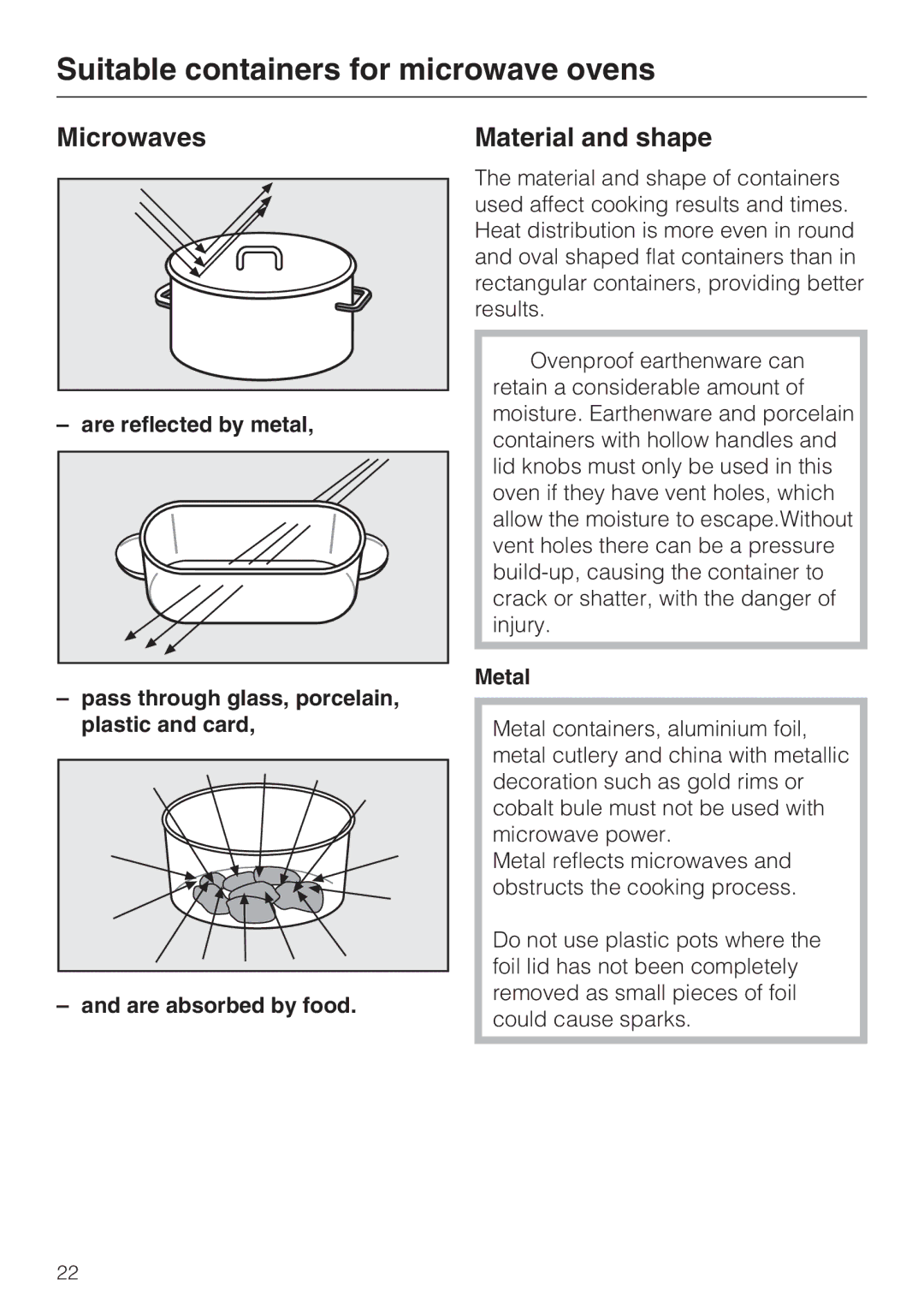 Miele H 5040 BM, H 5030 BM Suitable containers for microwave ovens, Microwaves, Material and shape, Metal 