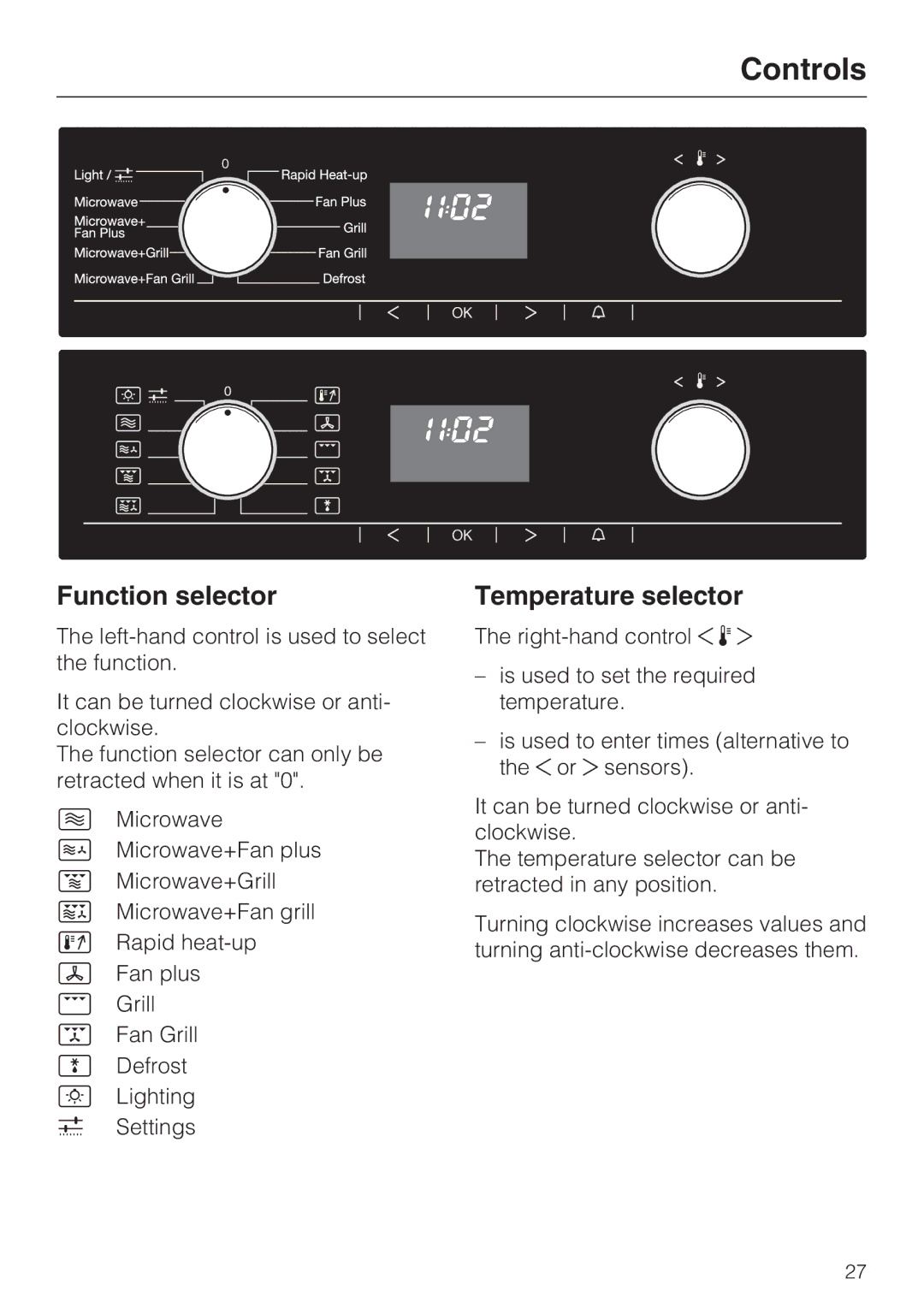 Miele H 5030 BM, H 5040 BM installation instructions Controls, Function selector, Temperature selector 