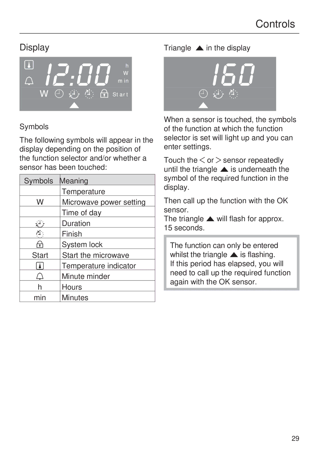 Miele H 5030 BM, H 5040 BM installation instructions Display, Symbols Meaning, Triangle in the display 