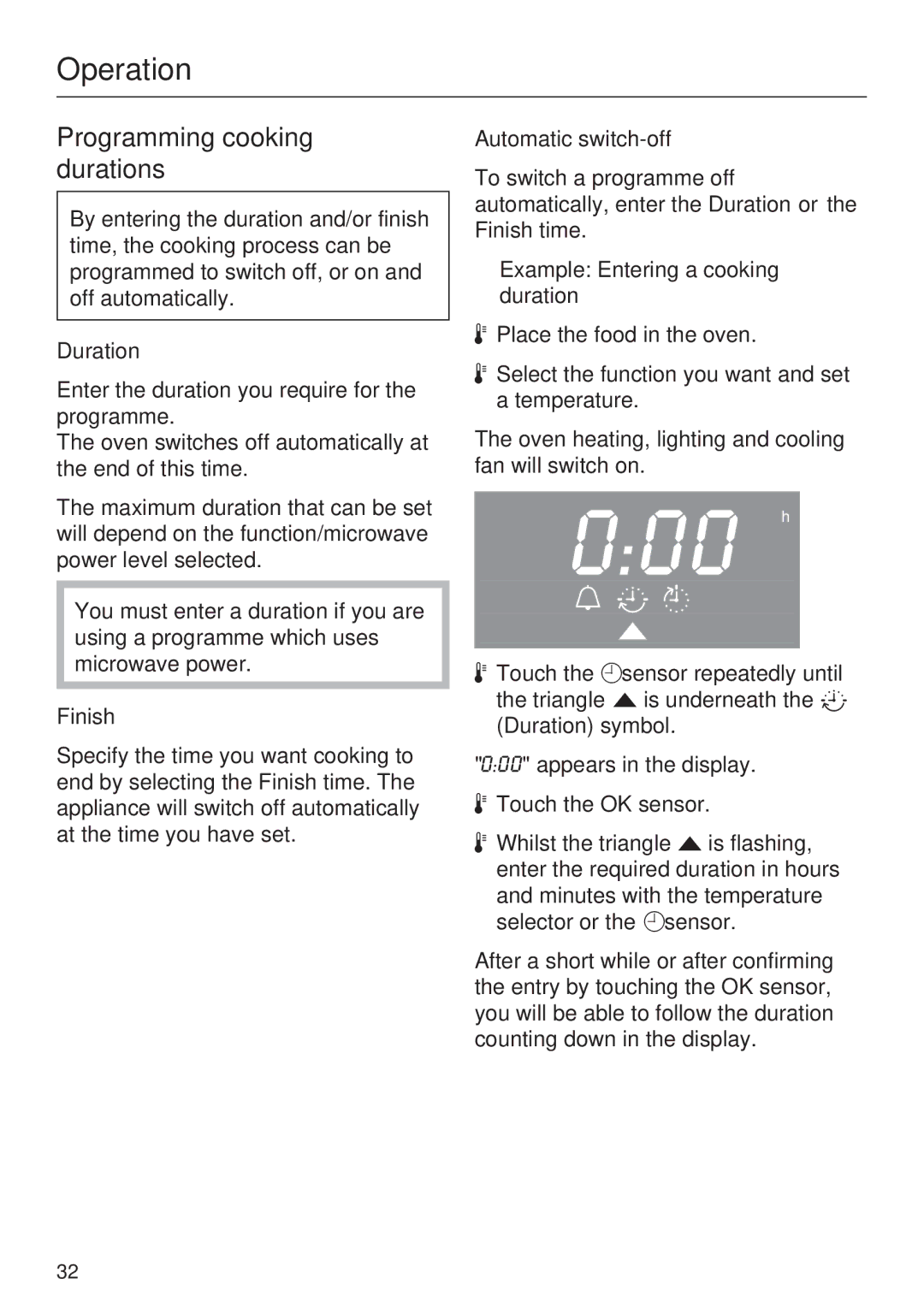 Miele H 5040 BM, H 5030 BM Programming cooking durations, Duration, Finish, Example Entering a cooking duration 