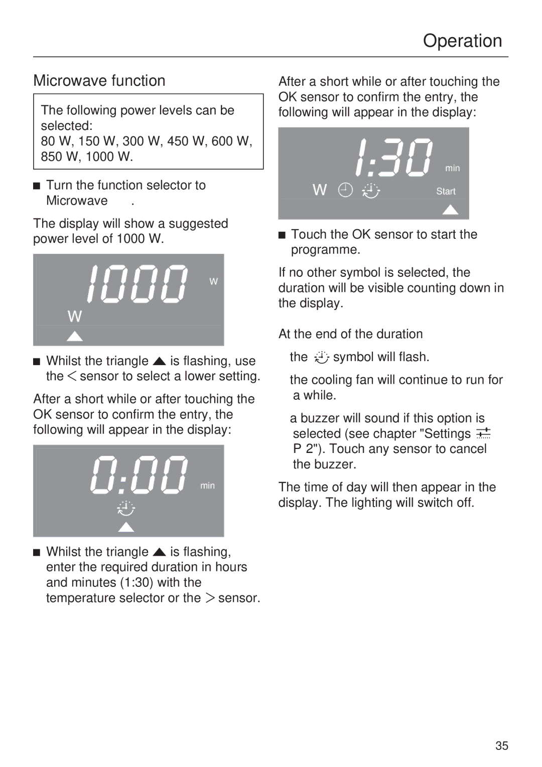 Miele H 5030 BM, H 5040 BM installation instructions Microwave function, At the end of the duration 