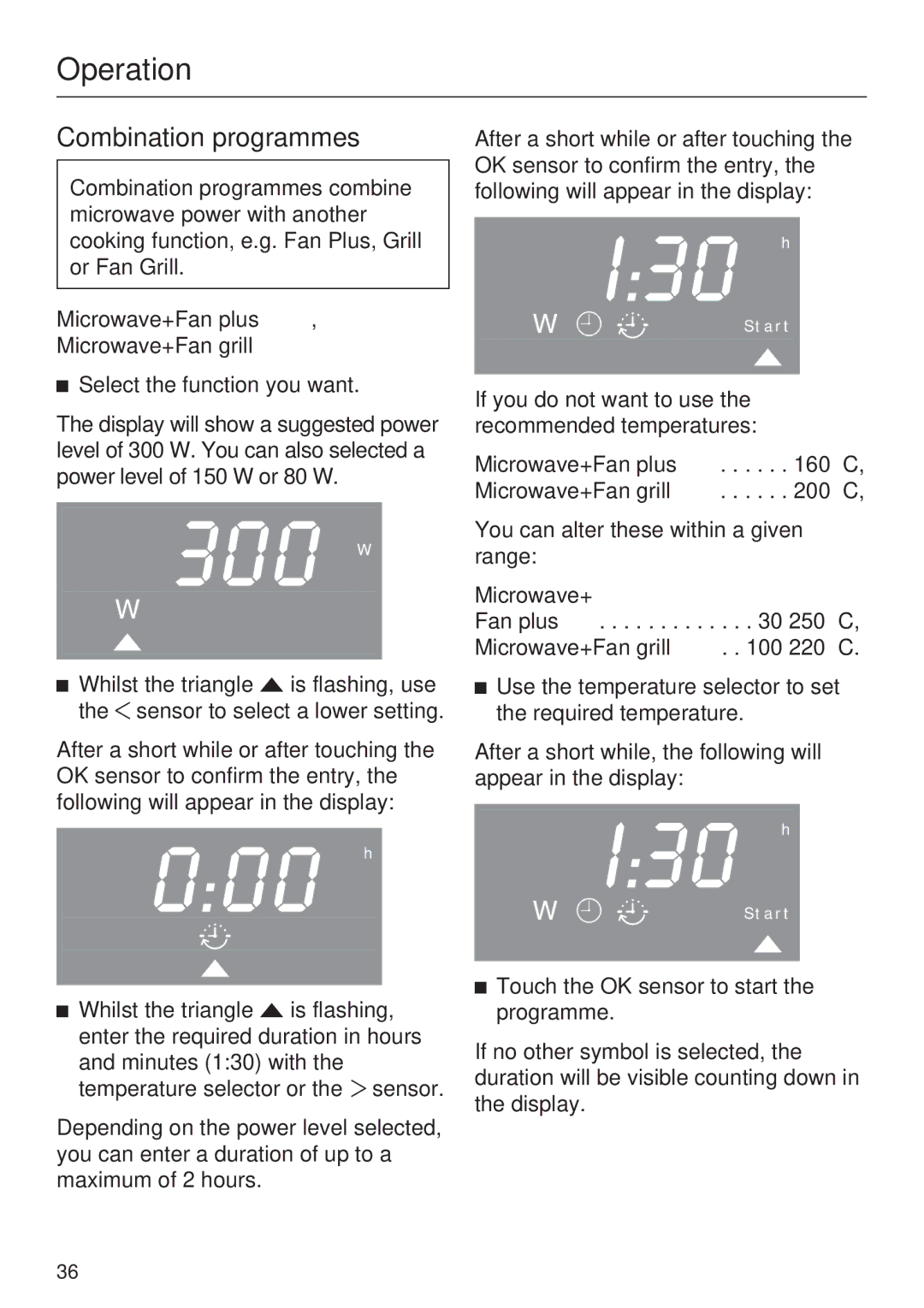 Miele H 5040 BM, H 5030 BM installation instructions Combination programmes, Microwave+Fan plus Microwave+Fan grill 