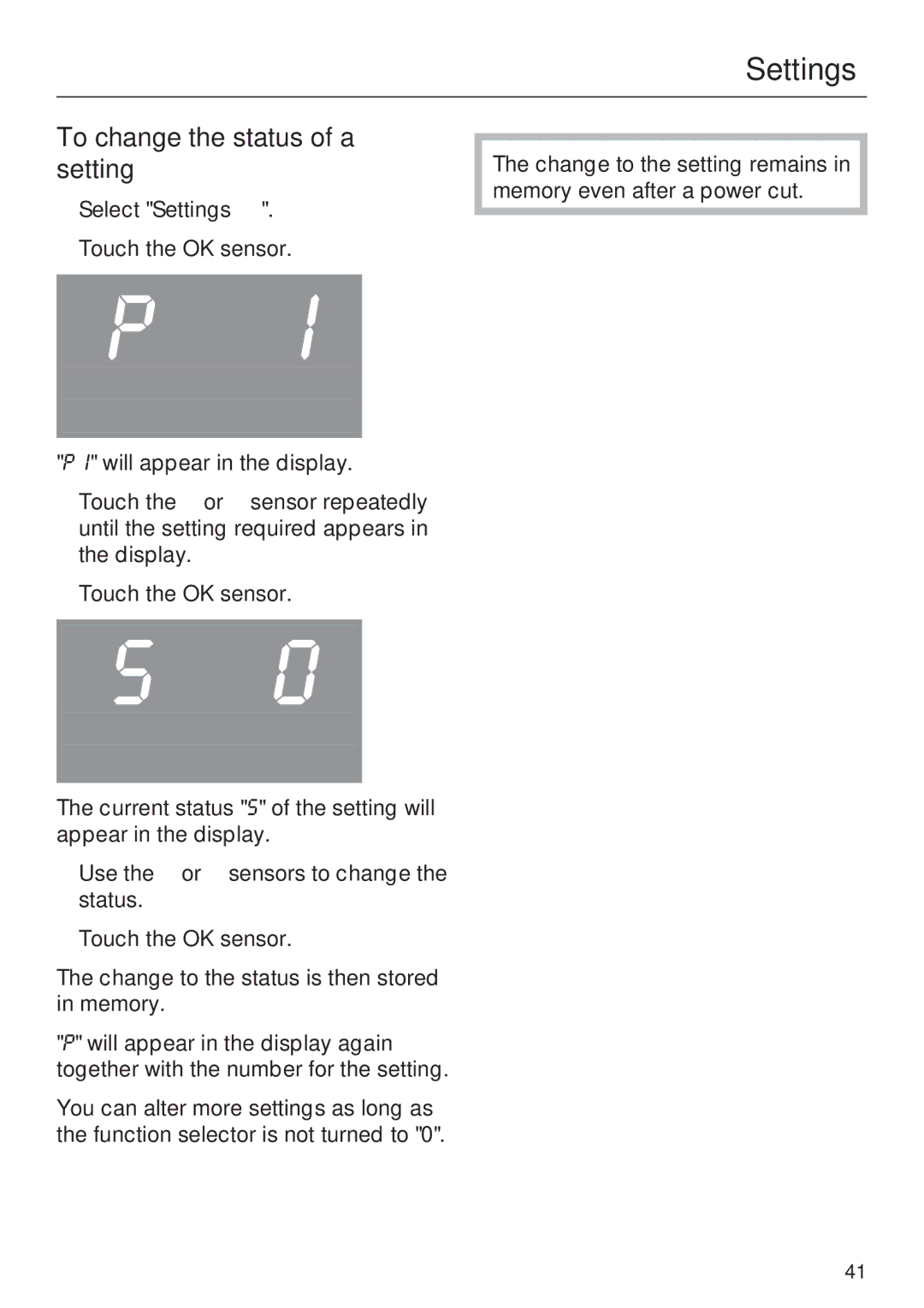 Miele H 5030 BM, H 5040 BM installation instructions To change the status of a setting 