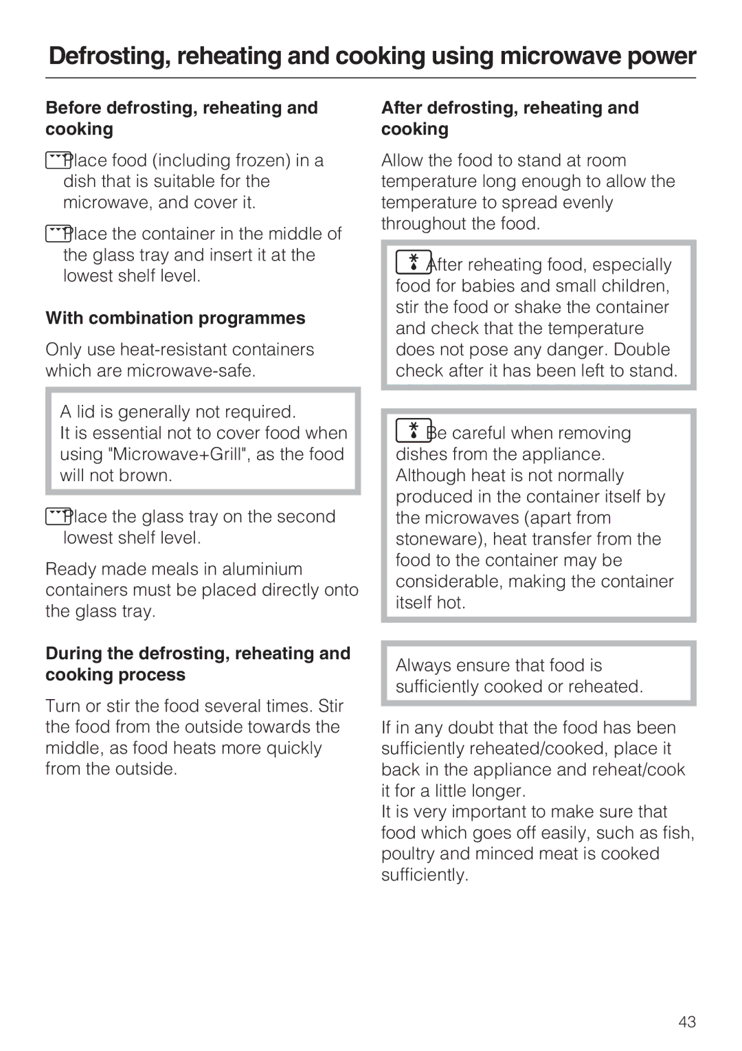 Miele H 5030 BM, H 5040 BM installation instructions Before defrosting, reheating and cooking, With combination programmes 