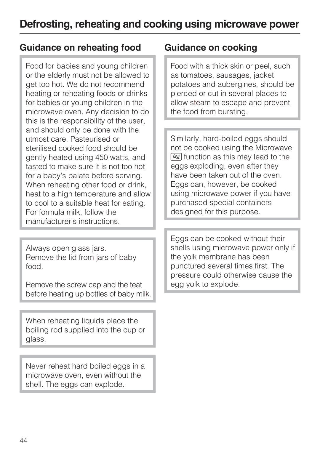 Miele H 5040 BM, H 5030 BM installation instructions Guidance on reheating food, Guidance on cooking 