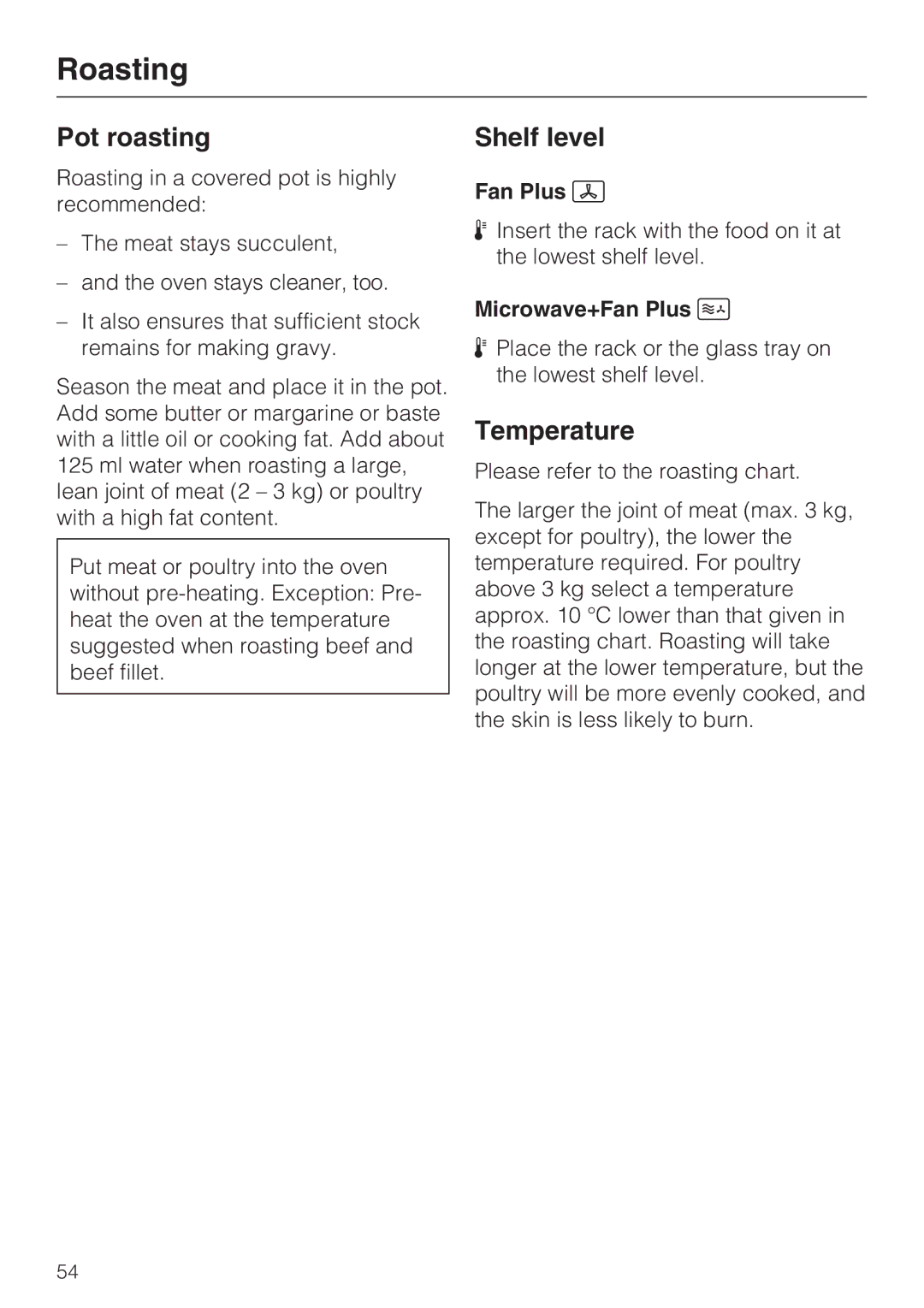 Miele H 5040 BM, H 5030 BM installation instructions Pot roasting, Temperature 