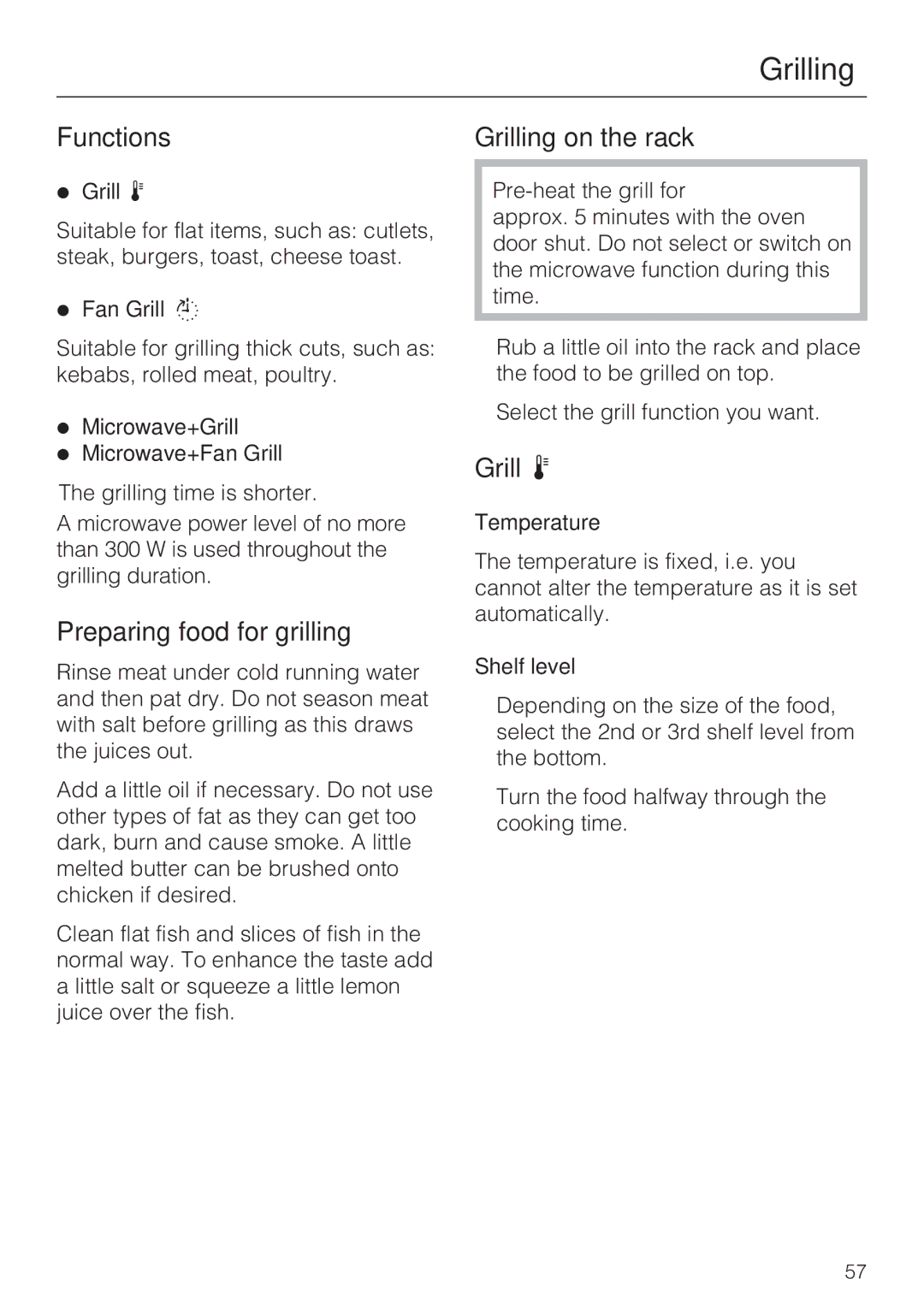 Miele H 5030 BM, H 5040 BM installation instructions Preparing food for grilling, Grilling on the rack 