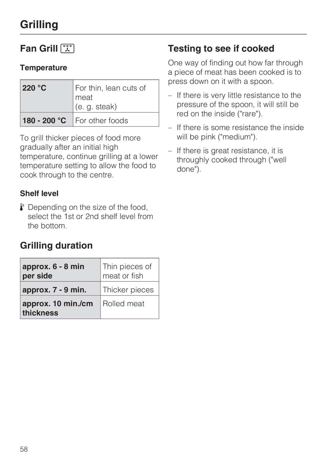 Miele H 5040 BM, H 5030 BM installation instructions Fan Grill, Grilling duration, Testing to see if cooked 