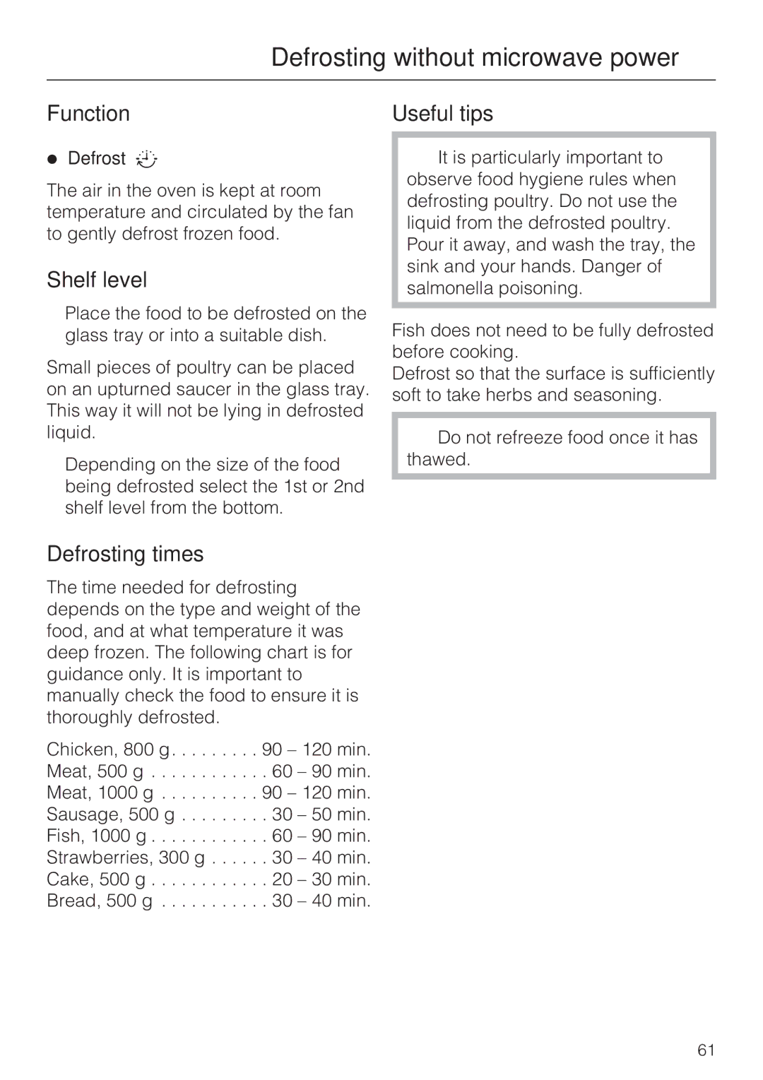 Miele H 5030 BM, H 5040 BM Defrosting without microwave power, Function Useful tips, Defrosting times 