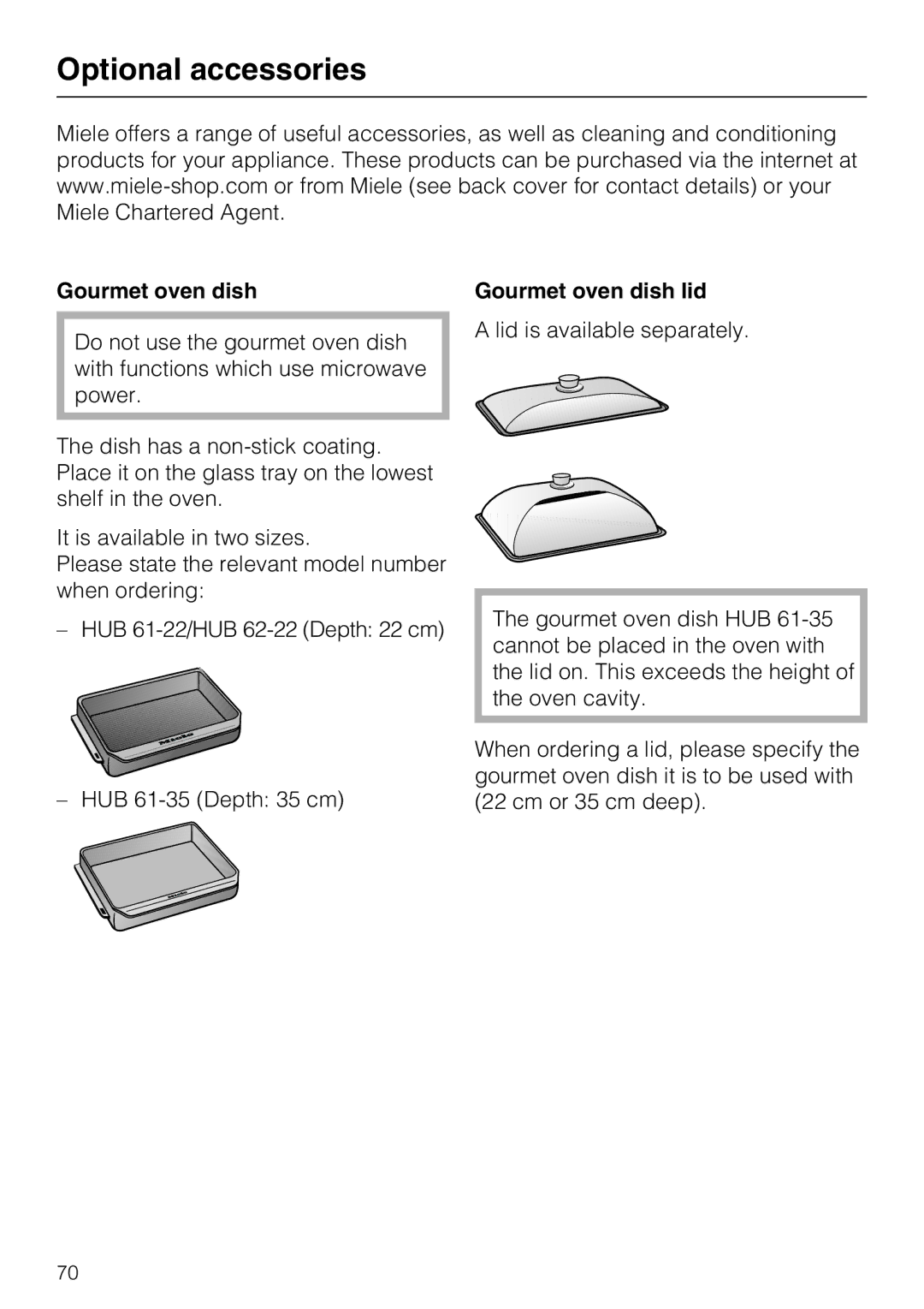 Miele H 5040 BM, H 5030 BM installation instructions Optional accessories, Gourmet oven dish lid 