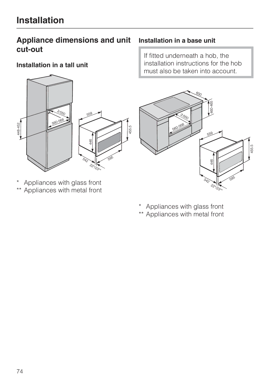 Miele H 5040 BM Appliance dimensions and unit cut-out, Installation in a tall unit, Installation in a base unit 