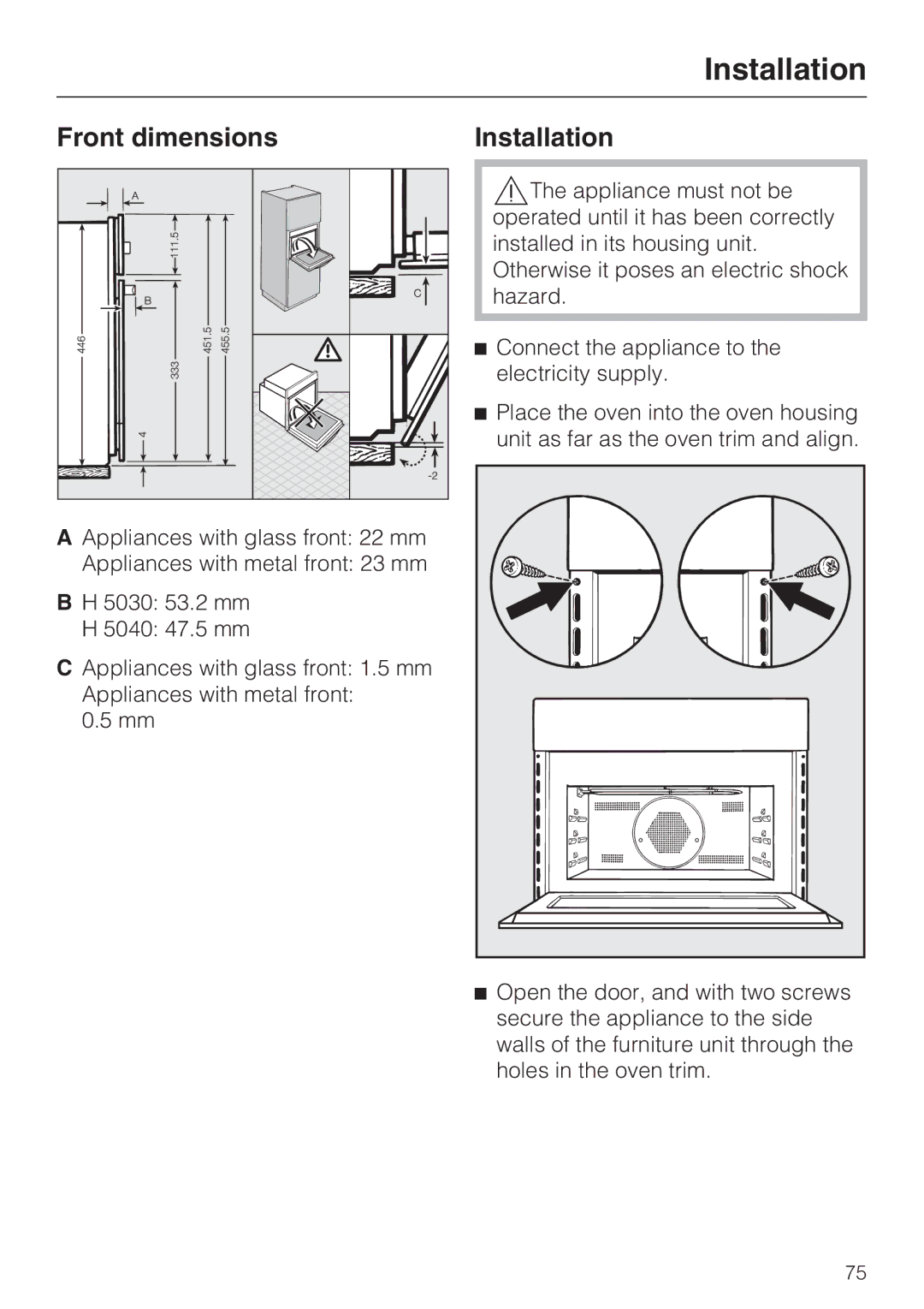 Miele H 5030 BM, H 5040 BM installation instructions Front dimensions, Installation 