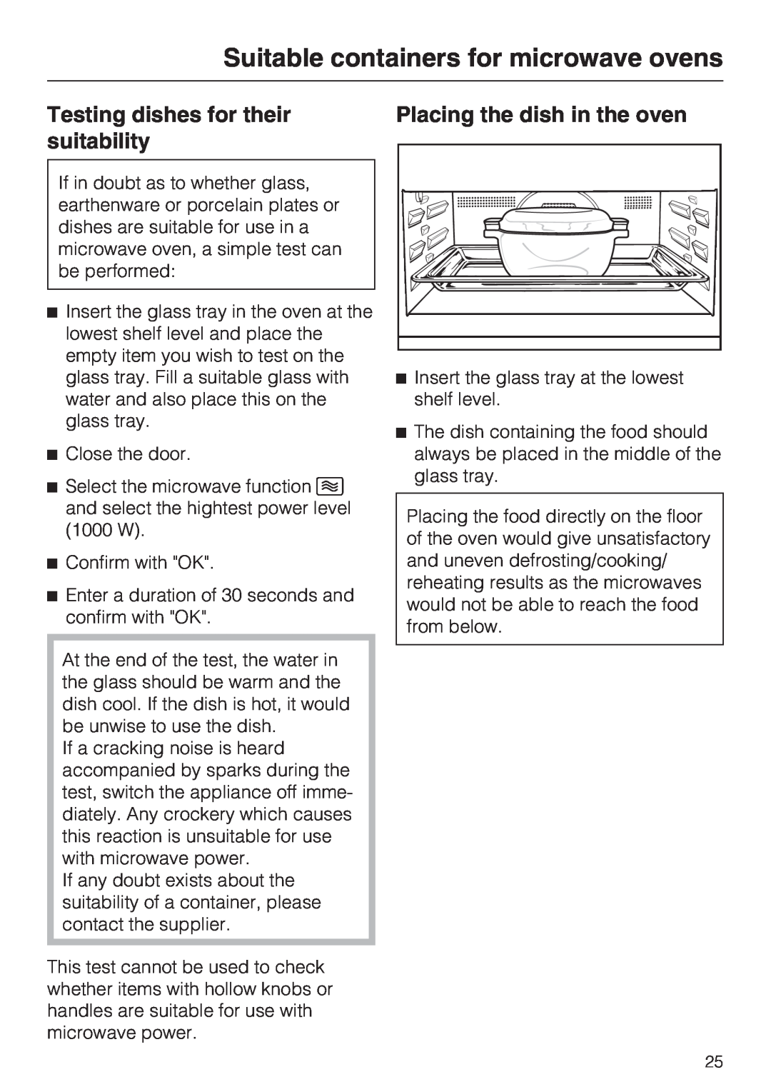 Miele H 5030 BM, H 5040 BM installation instructions Testing dishes for their, Placing the dish in the oven, suitability 