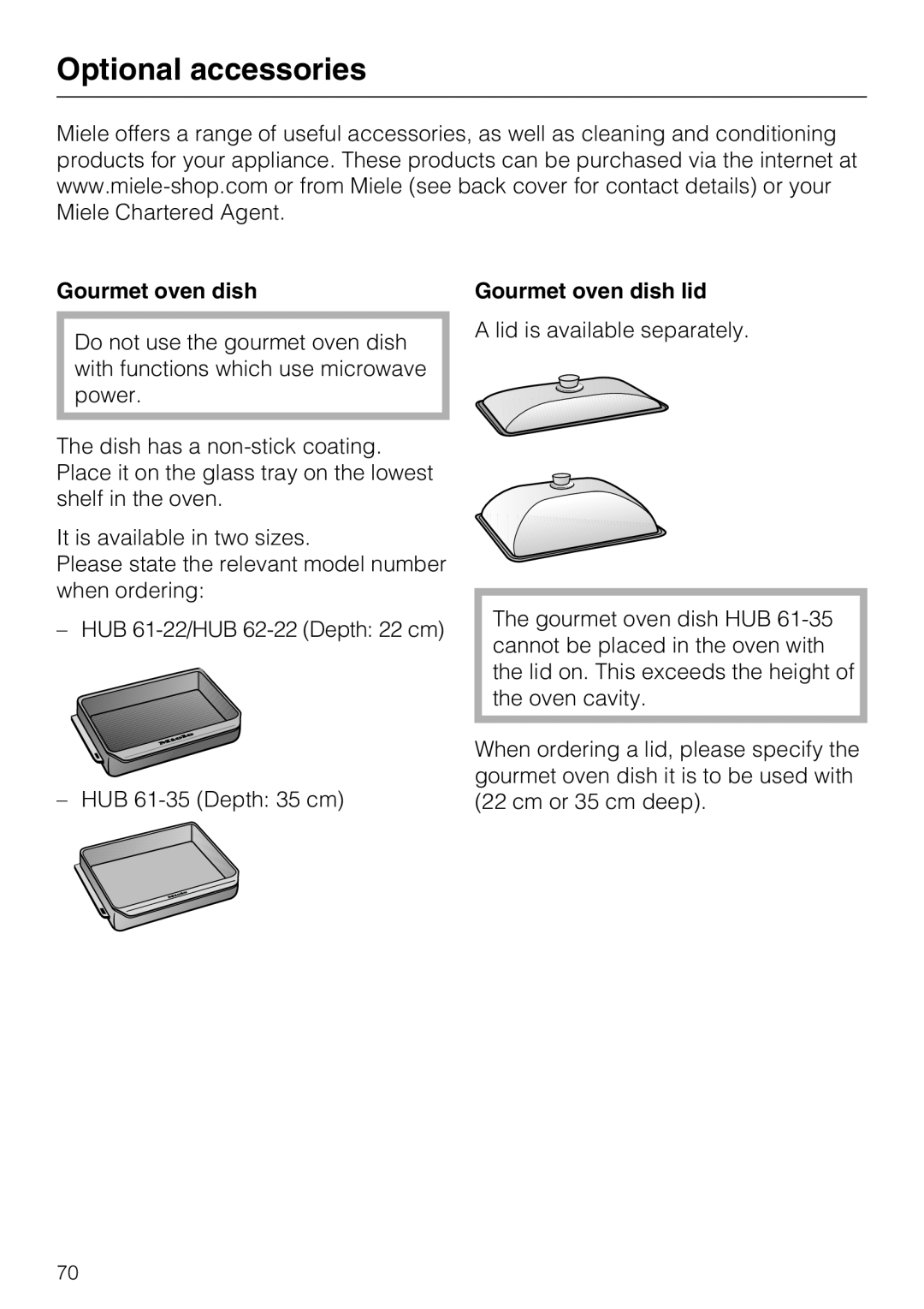 Miele H 5040 BM, H 5030 BM installation instructions Optional accessories, Gourmet oven dish lid 